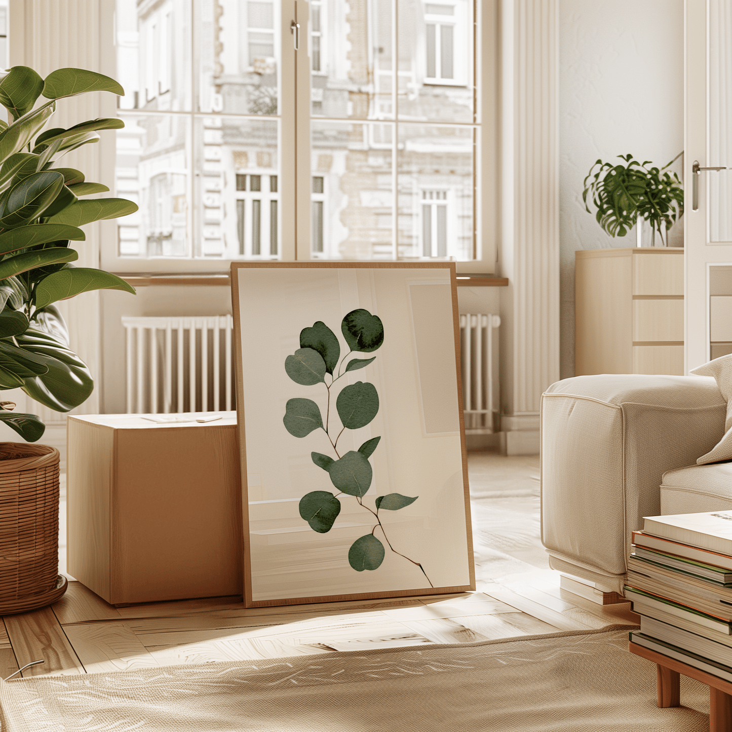 Eucalyptus wall art in a natural wood frame leaning in a sunlit living room with plants