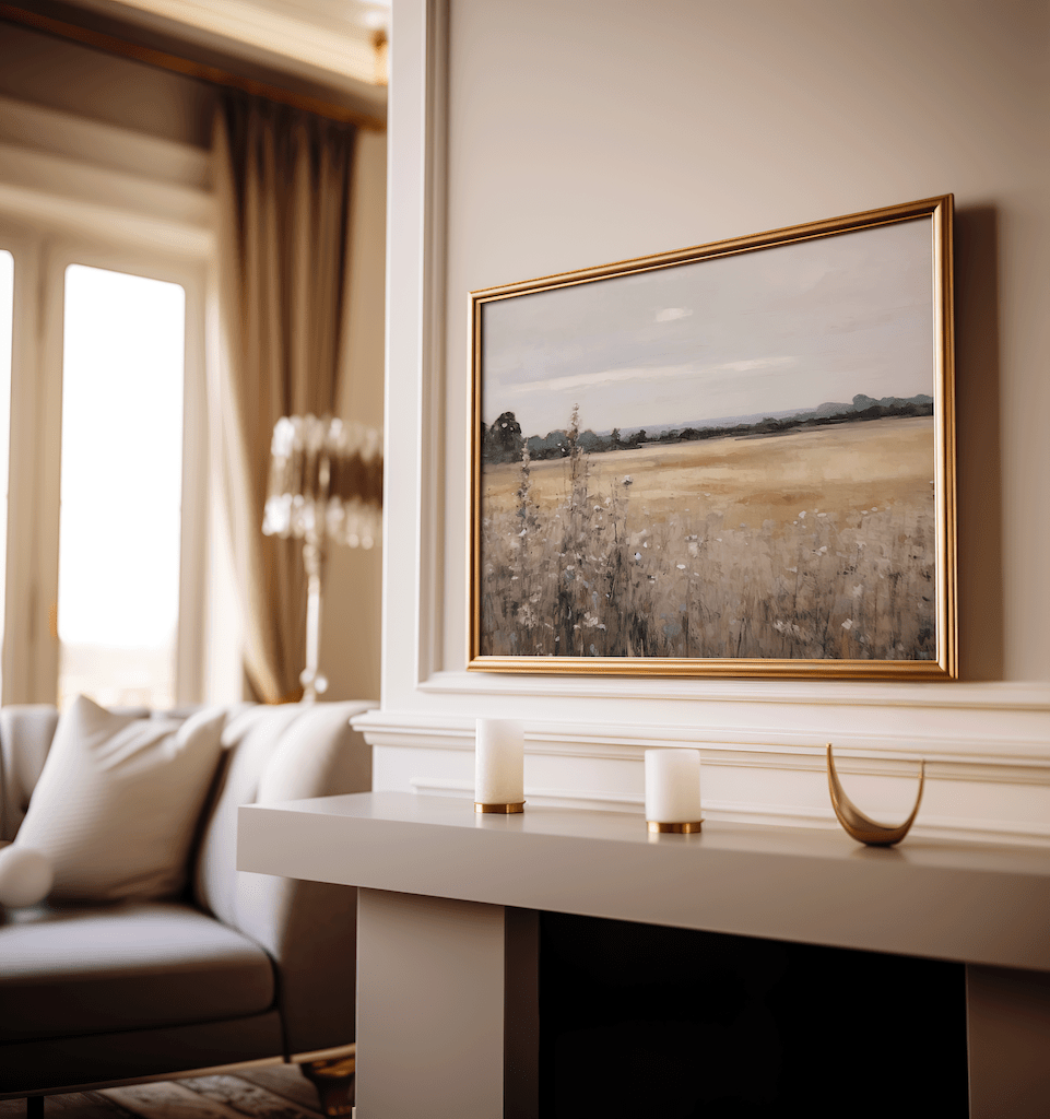 Vintage nature landscape framed canvas wall art styled above fireplace mantel with candles