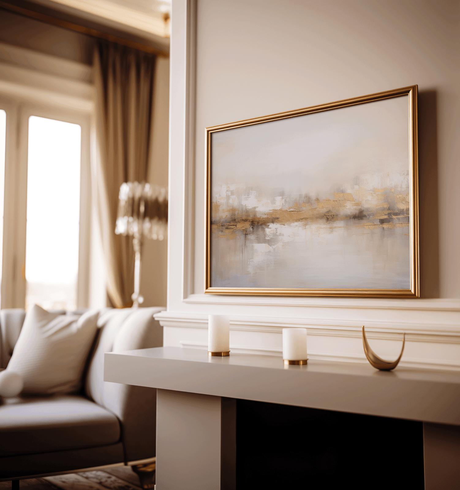Neutral gold abstract wall art framed in gold styled above fireplace mantel with candles