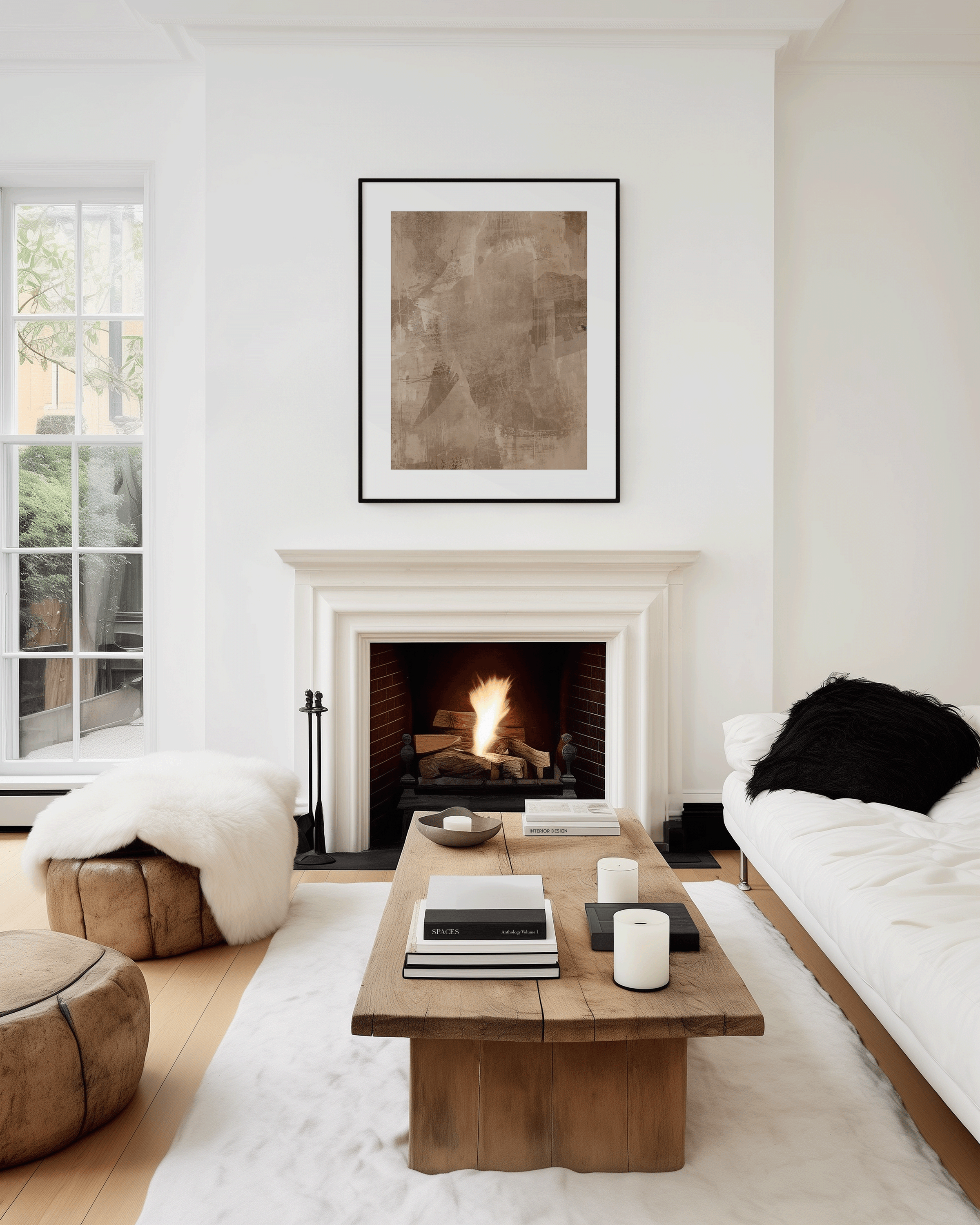 earthy beige and brown abstract art print in a black frame displayed above a modern fireplace with warm wood accents and clean white walls