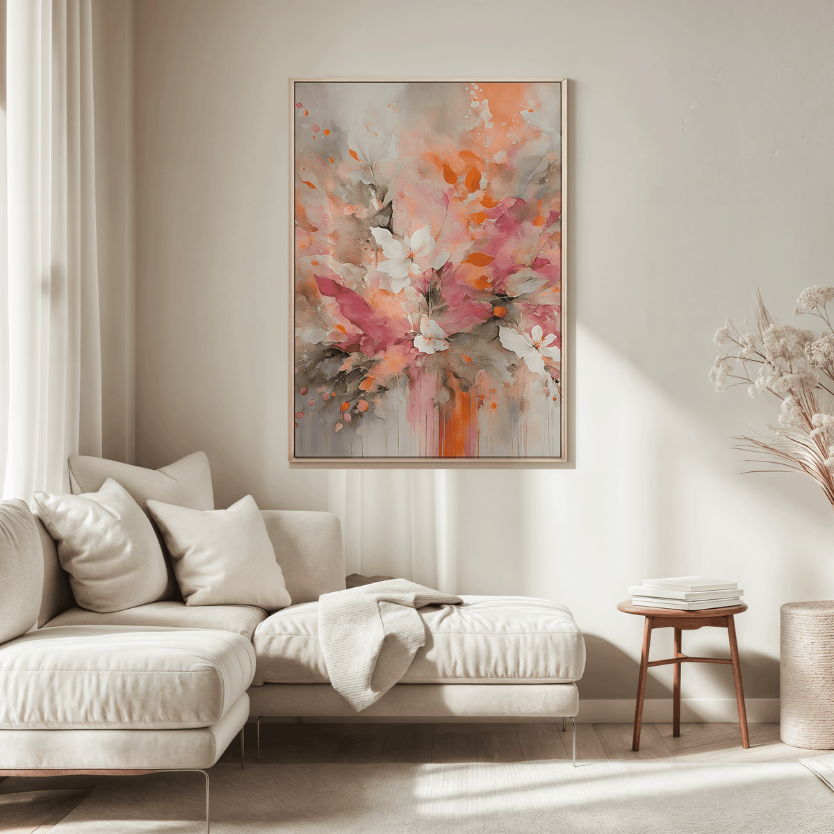 Large floral abstract wall art in pink and orange displayed above a beige sectional sofa