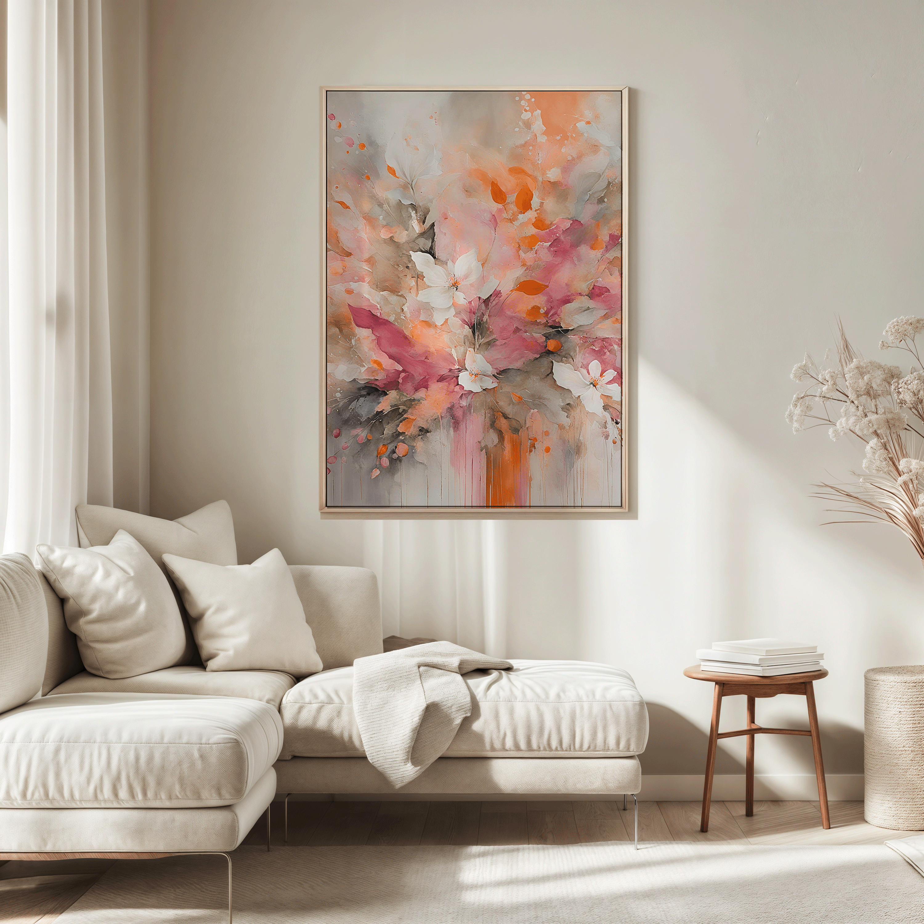 Large floral abstract wall art in pink and orange displayed above a beige sectional sofa