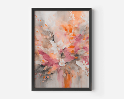 Close-up of floral abstract wall art with vibrant pink and orange brushstrokes in a black frame