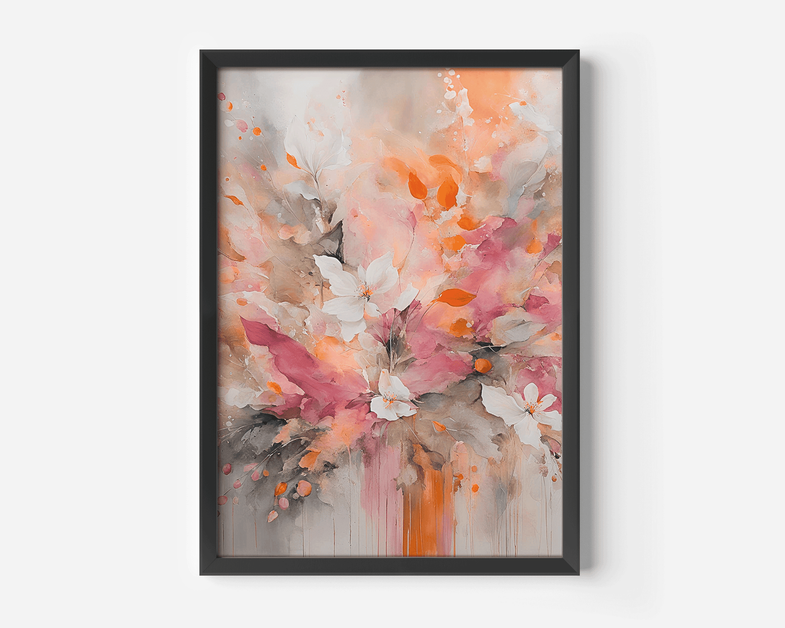 Close-up of floral abstract wall art with vibrant pink and orange brushstrokes in a black frame
