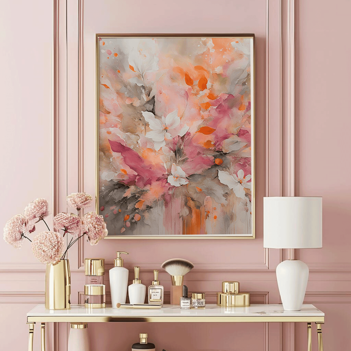 Floral abstract wall art with pink and orange flowers styled above a vanity on a pink wall