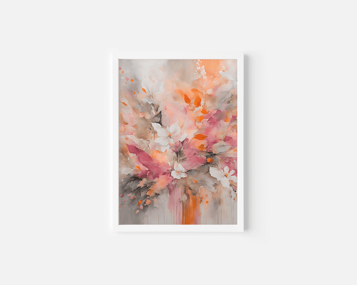 Floral abstract wall art in a white frame featuring bold pink, orange, and beige flower details