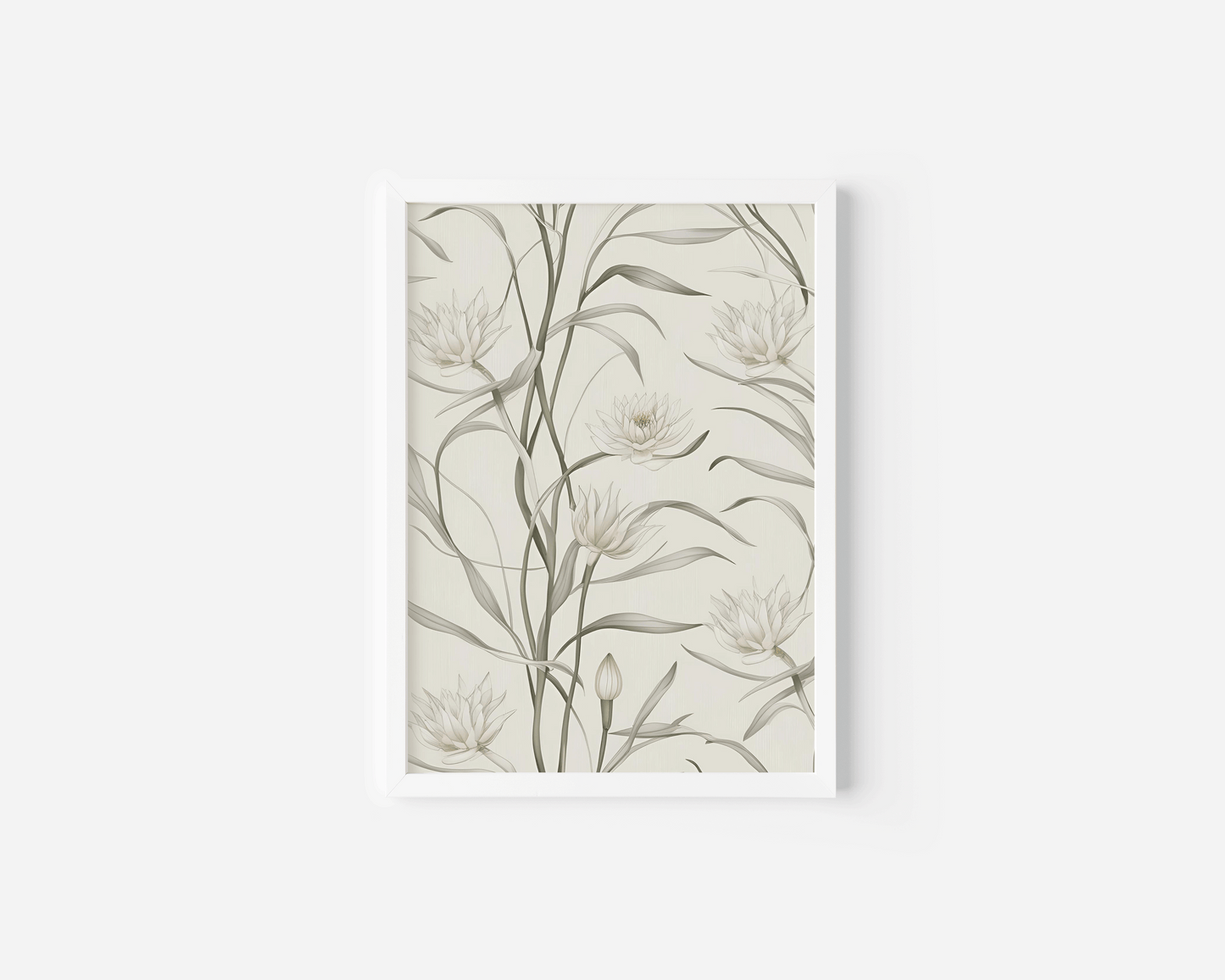 White framed botanical canvas wall art with sage green leaves and delicate white flowers