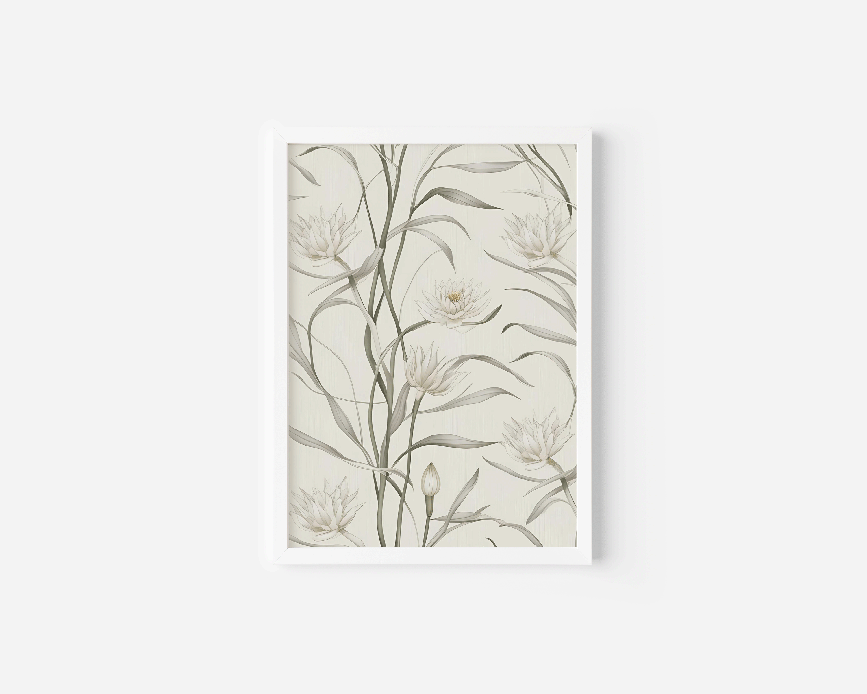 White framed botanical canvas wall art with sage green leaves and delicate white flowers