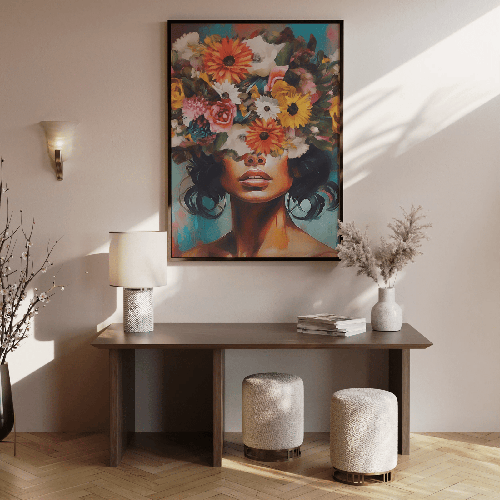 Colorful floral woman portrait wall art print with flower crown framed on canvas, styled above console table with lamp and decor.