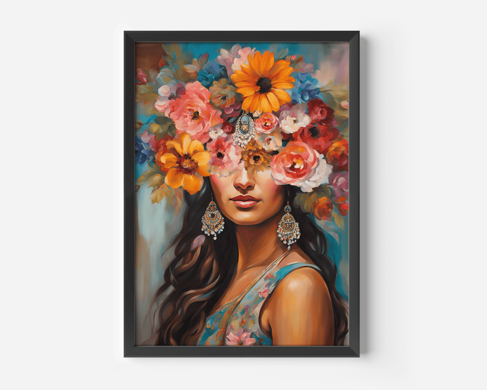 Flower crown wall art with a black frame of a South Asian woman with long brown wavy hair, a colorful floral headpiece, gold and blue embellished hanging earrings, and warm tones in blue, orange, pink, purple, and red.