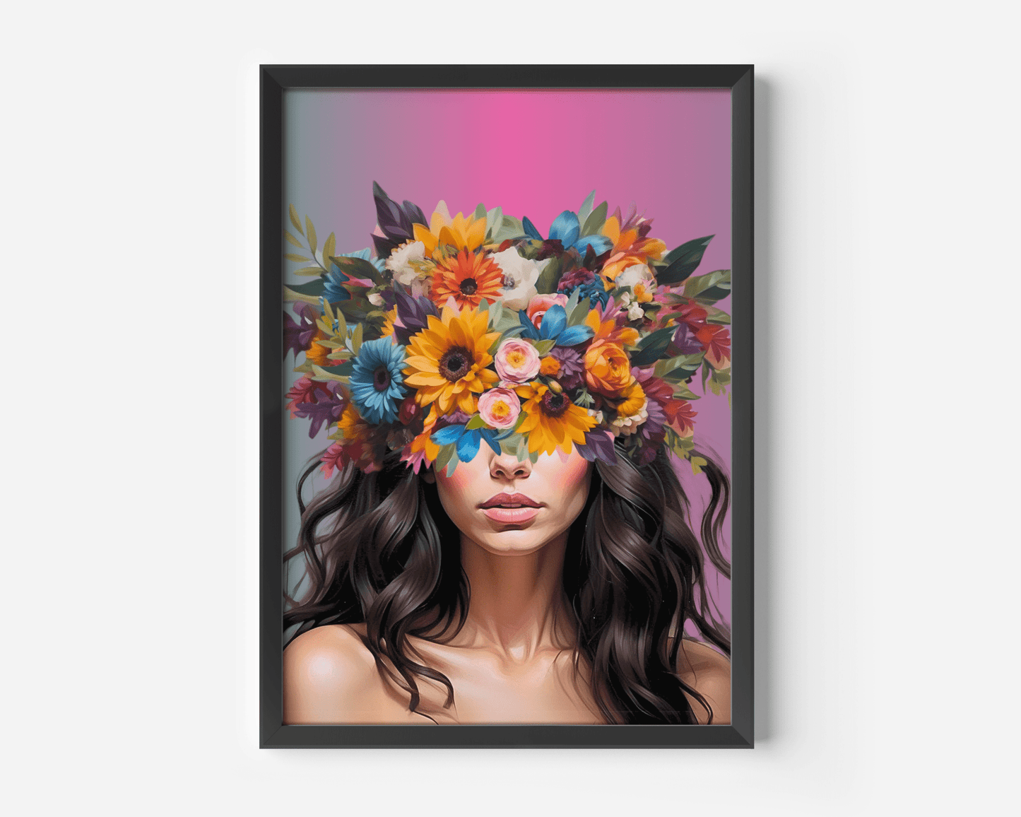 Colorful flower head crown woman wall art with a black frame, vibrant, bold floral headpiece covering the woman's eyes, and soft pink background.