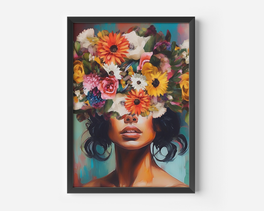 Closeup of colorful Flower Head Girl wall art portrait with vibrant florals in a black frame