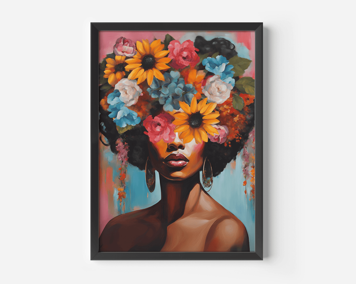 Modern flower head framed canvas wall art of a Black African American woman with colorful flowers in her hair, vibrant feminine portrait print