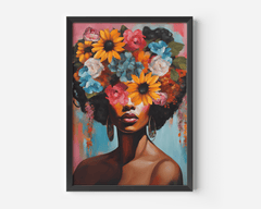 Modern flower head framed canvas wall art of a Black African American woman with colorful flowers in her hair, vibrant feminine portrait print