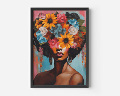 Modern flower head framed canvas wall art of a Black African American woman with colorful flowers in her hair, vibrant feminine portrait print