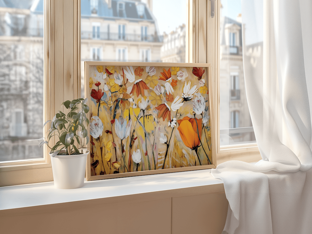Abstract floral art print featuring orange, yellow and white botanicals with a light wooden frame on a windowsill with cityviews