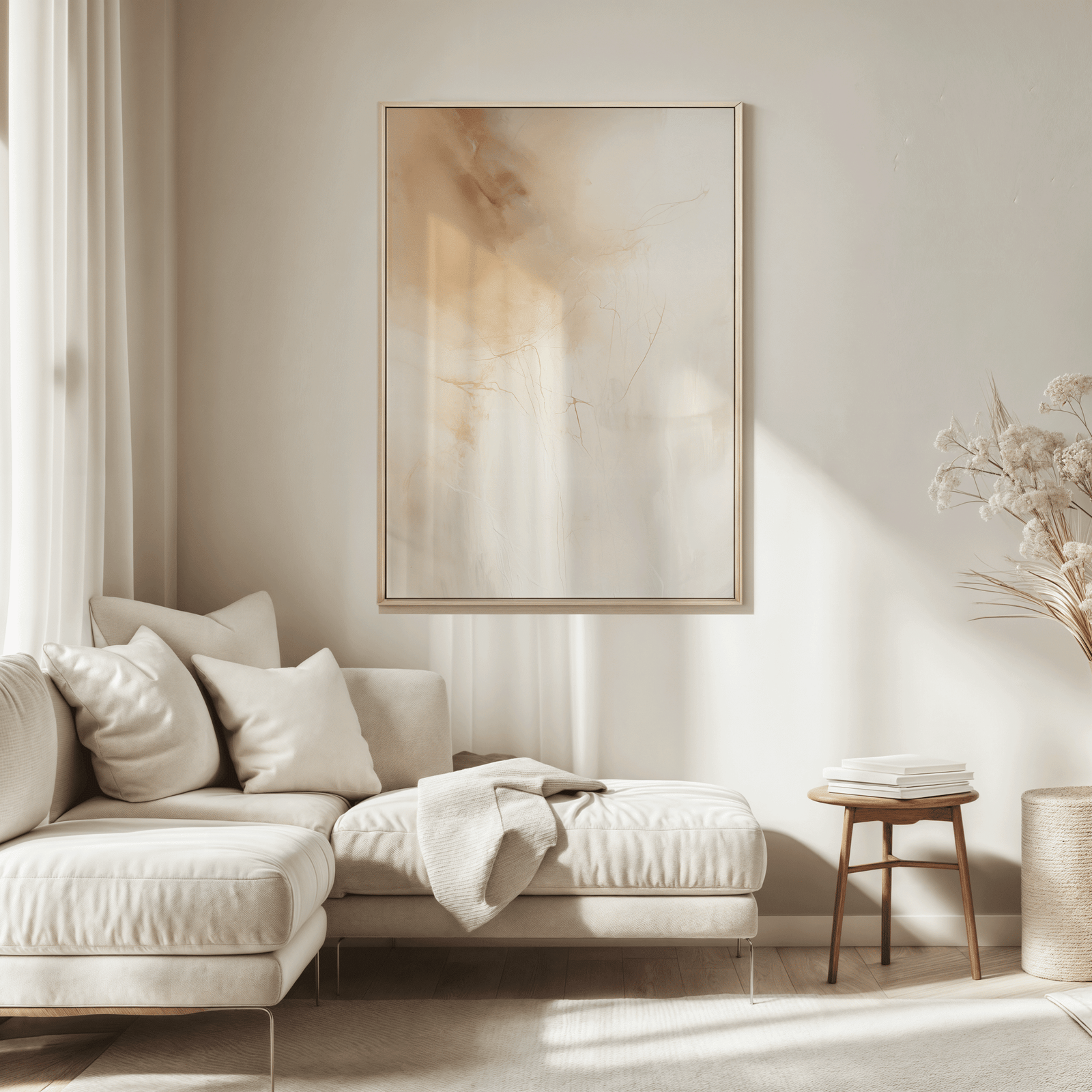 Beige and gold abstract canvas wall art print, minimalist artwork in a neutral, modern living room over a beige sectional sofa