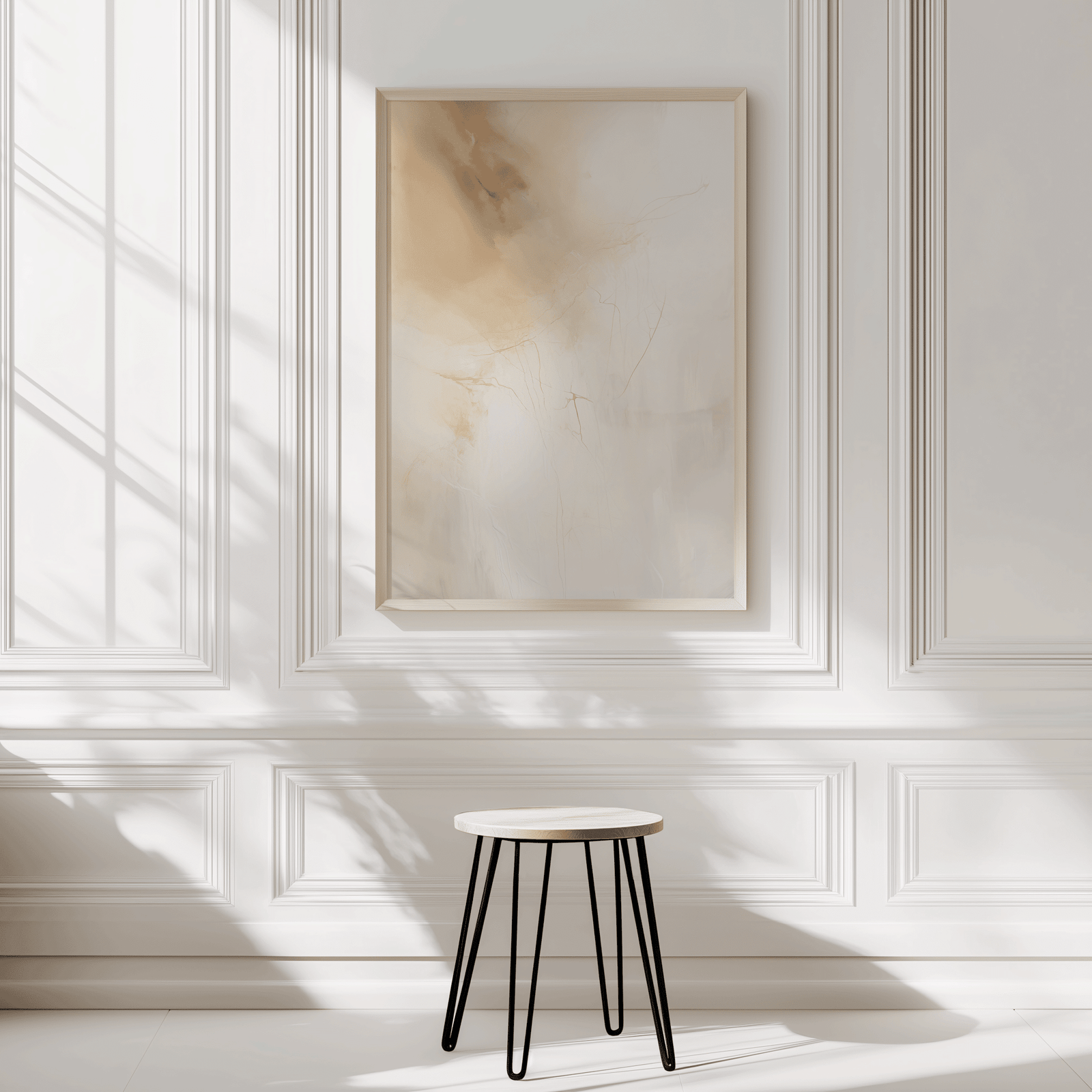 Beige and gold neutral abstract framed wall art print, minimalist wall print in entryway or hallway decor