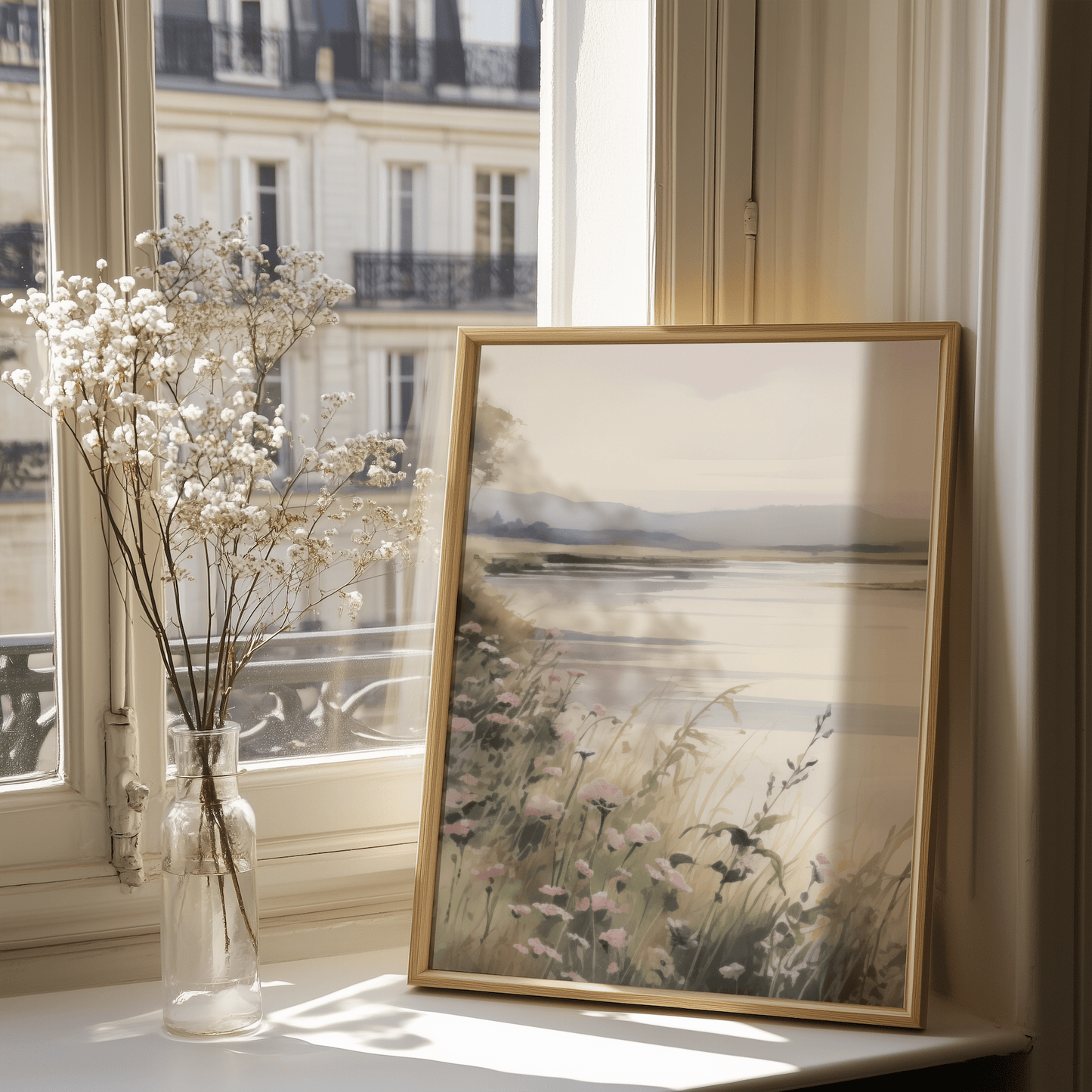 Beige neutral framed landscape wall art styled near window with natural sunlight