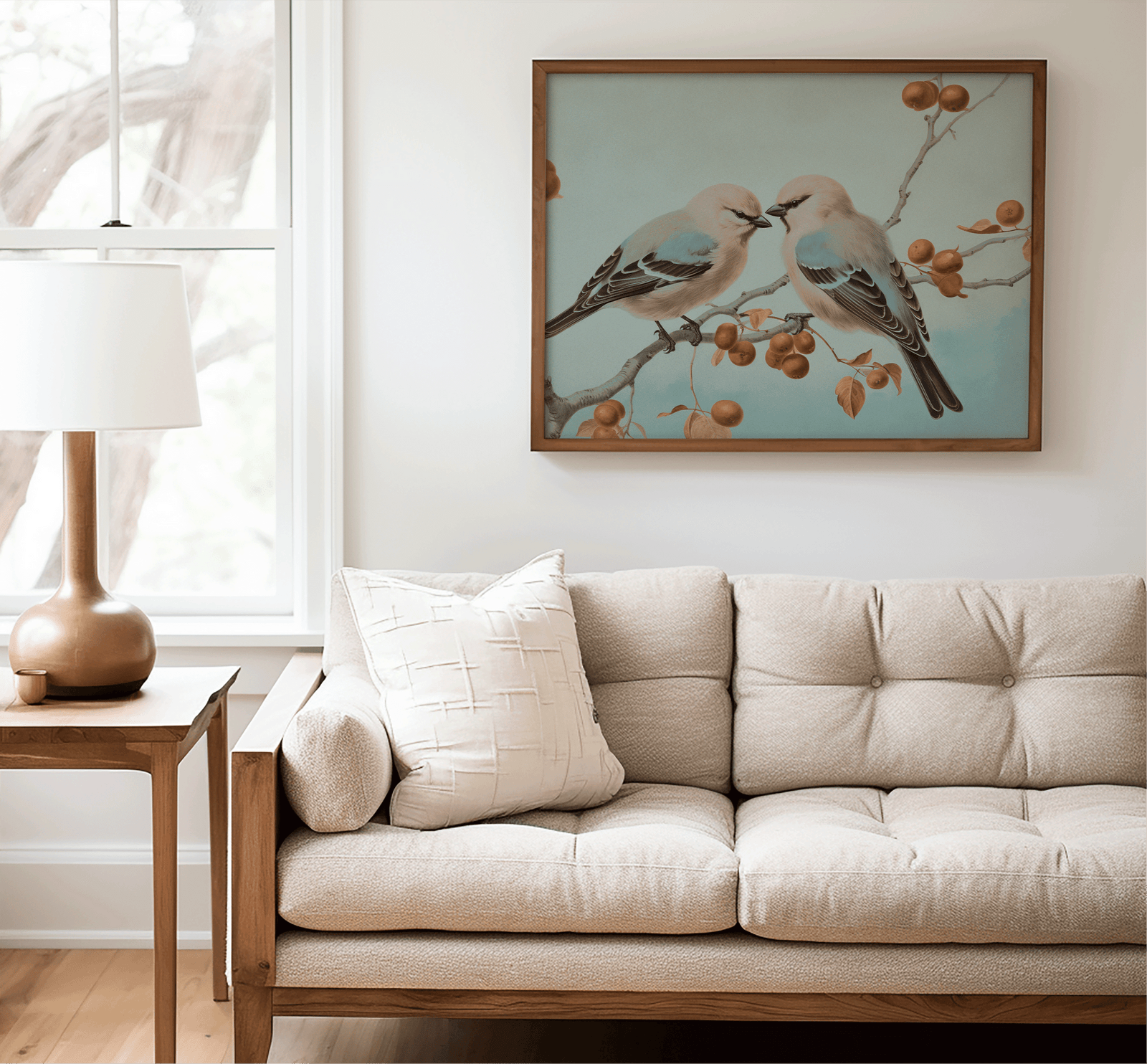Beige sofa with decorative pillows in a living room setting, featuring a framed vintage wall art print of birds on a branch.