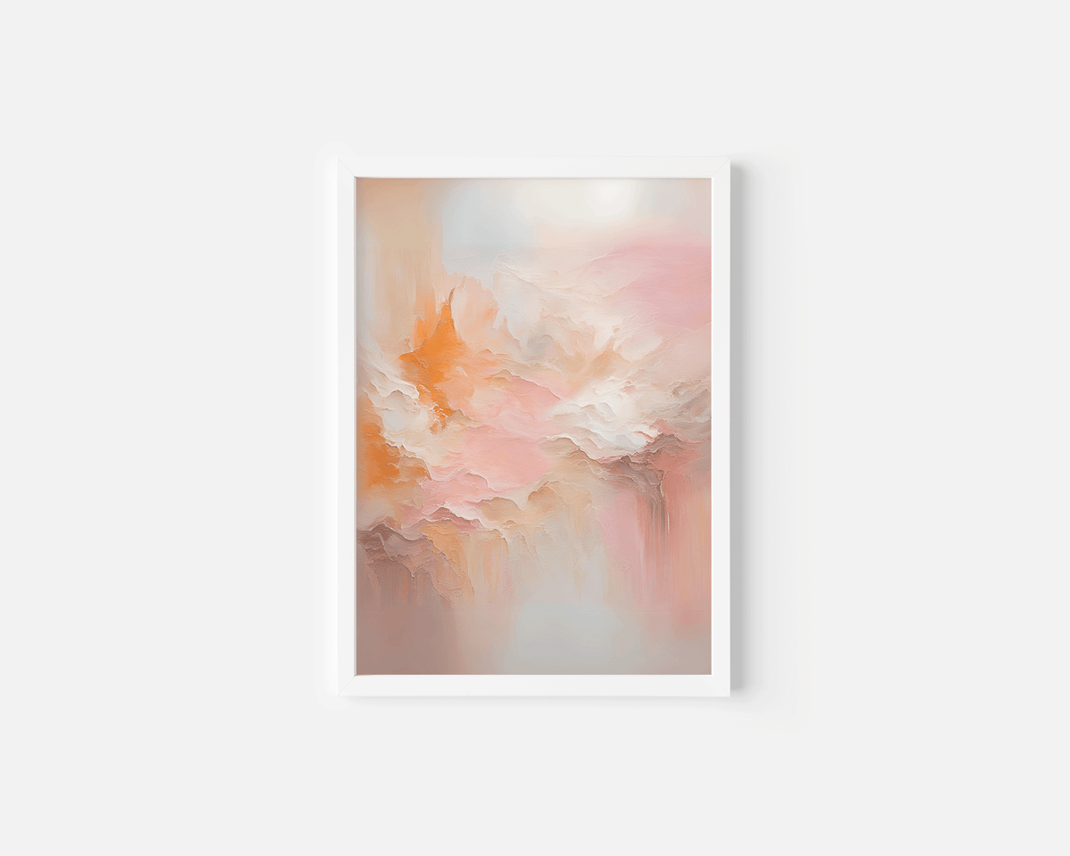 Close-up of blush pink, orange, white and gold abstract wall art print with modern white frame