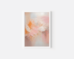 Close-up of blush pink, orange, white and gold abstract wall art print with modern white frame
