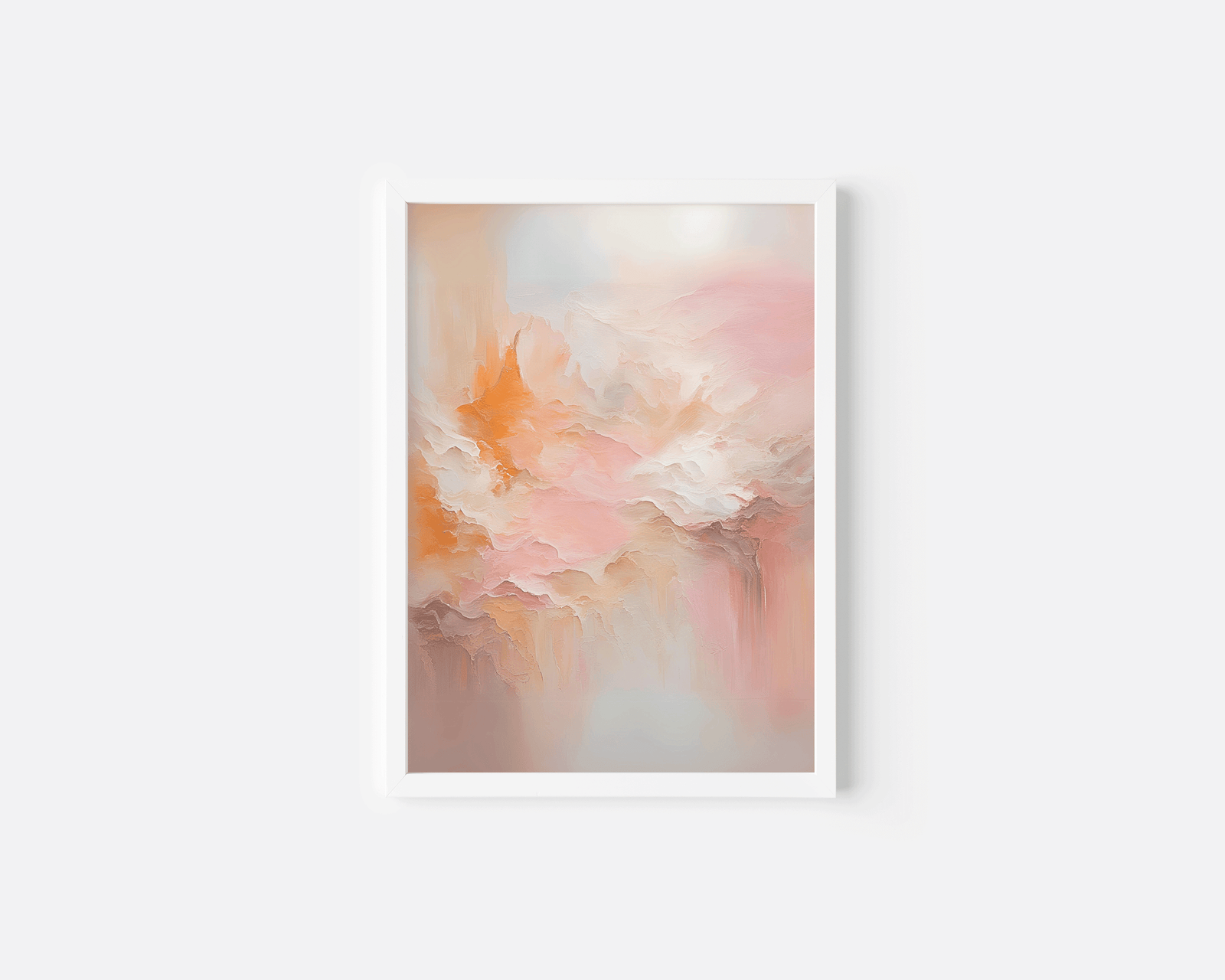 Close-up of blush pink, orange, white and gold abstract wall art print with modern white frame