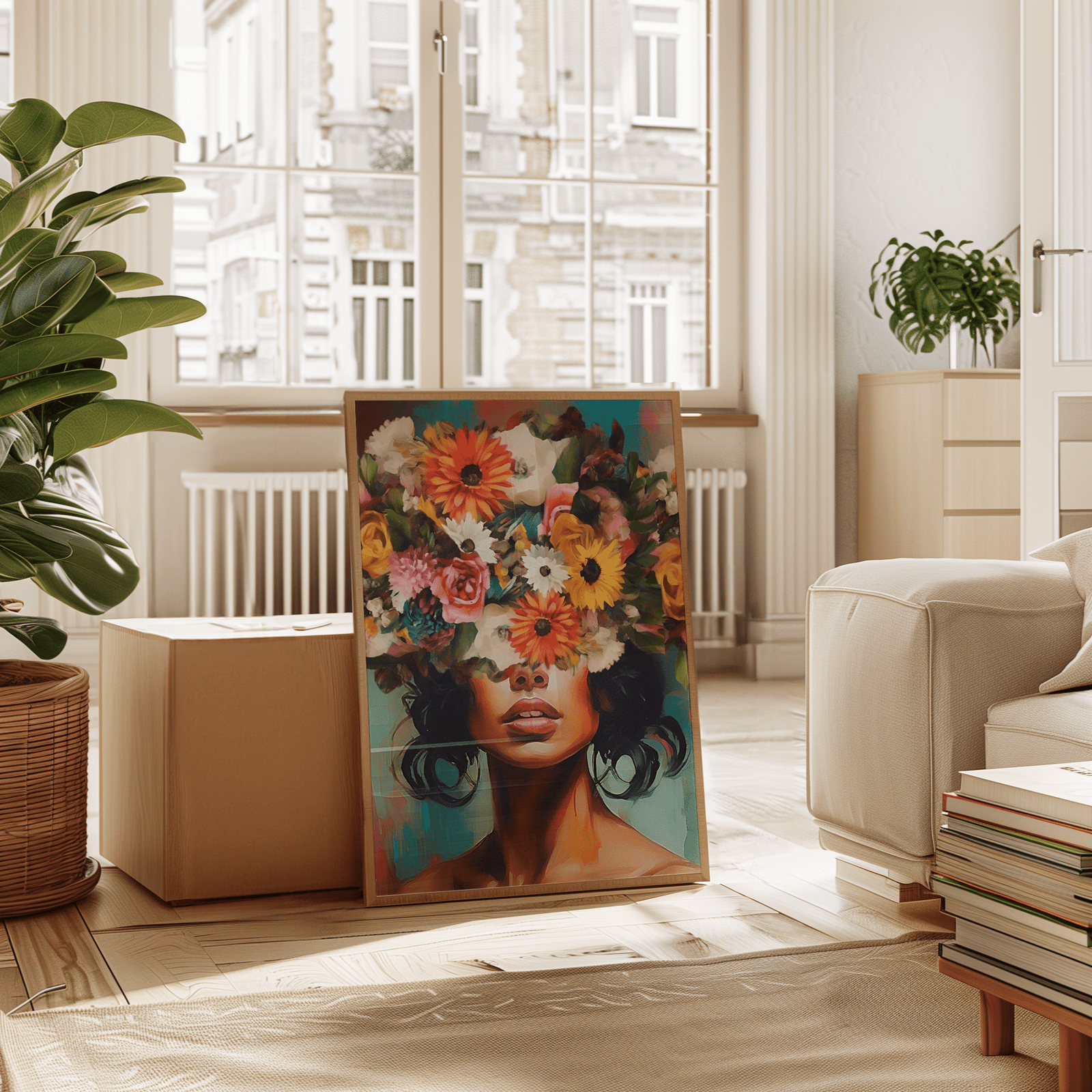 Vibrant flower crown woman portrait wall art framed canvas leaning against wall in sunlit entryway with plants.