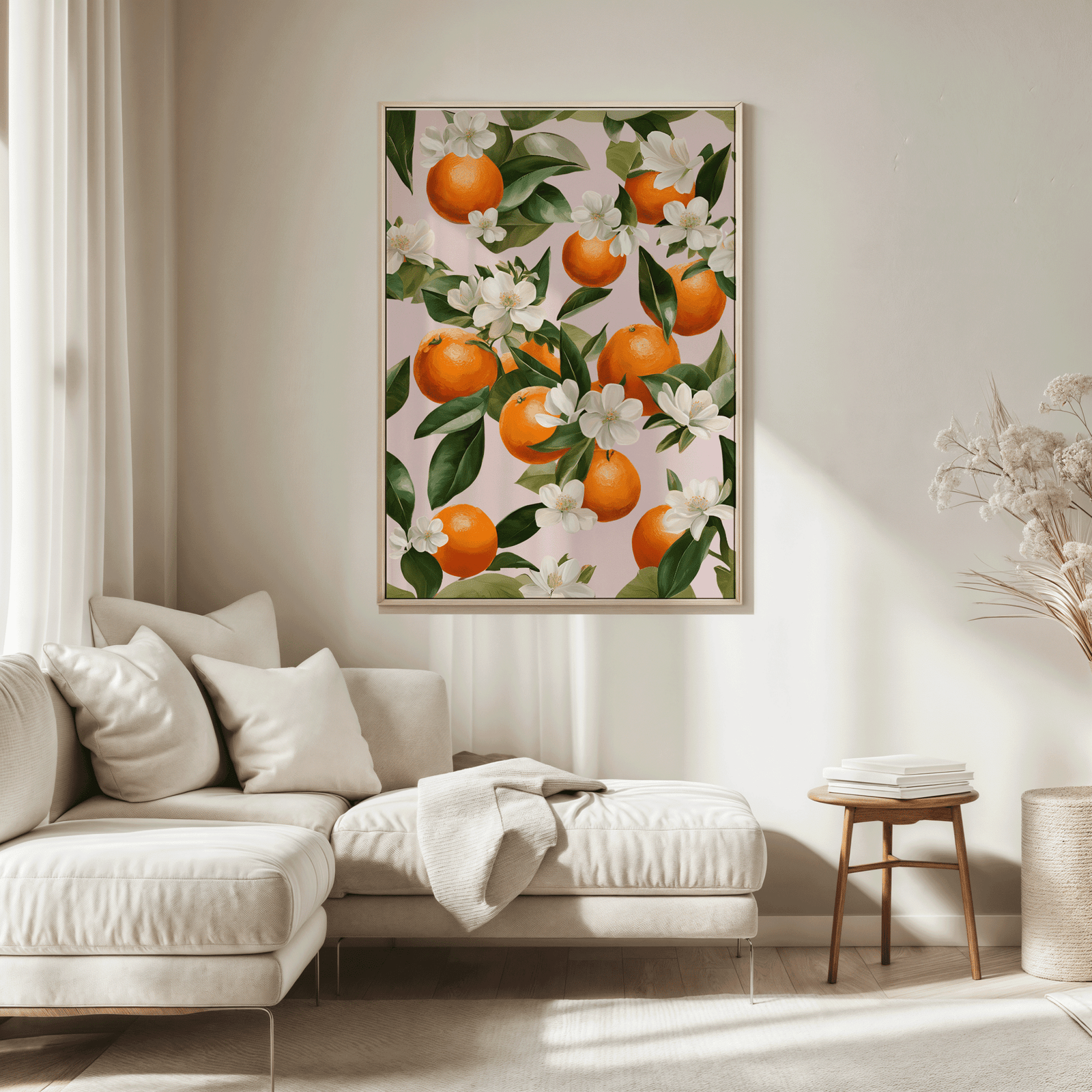 Botanical citrus wall art framed above a beige sectional sofa in warm living room