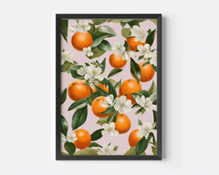 Black-framed citrus wall art featuring oranges, green leaves, and white blossoms on a blush pink background — modern botanical print for kitchen or dining wall décor