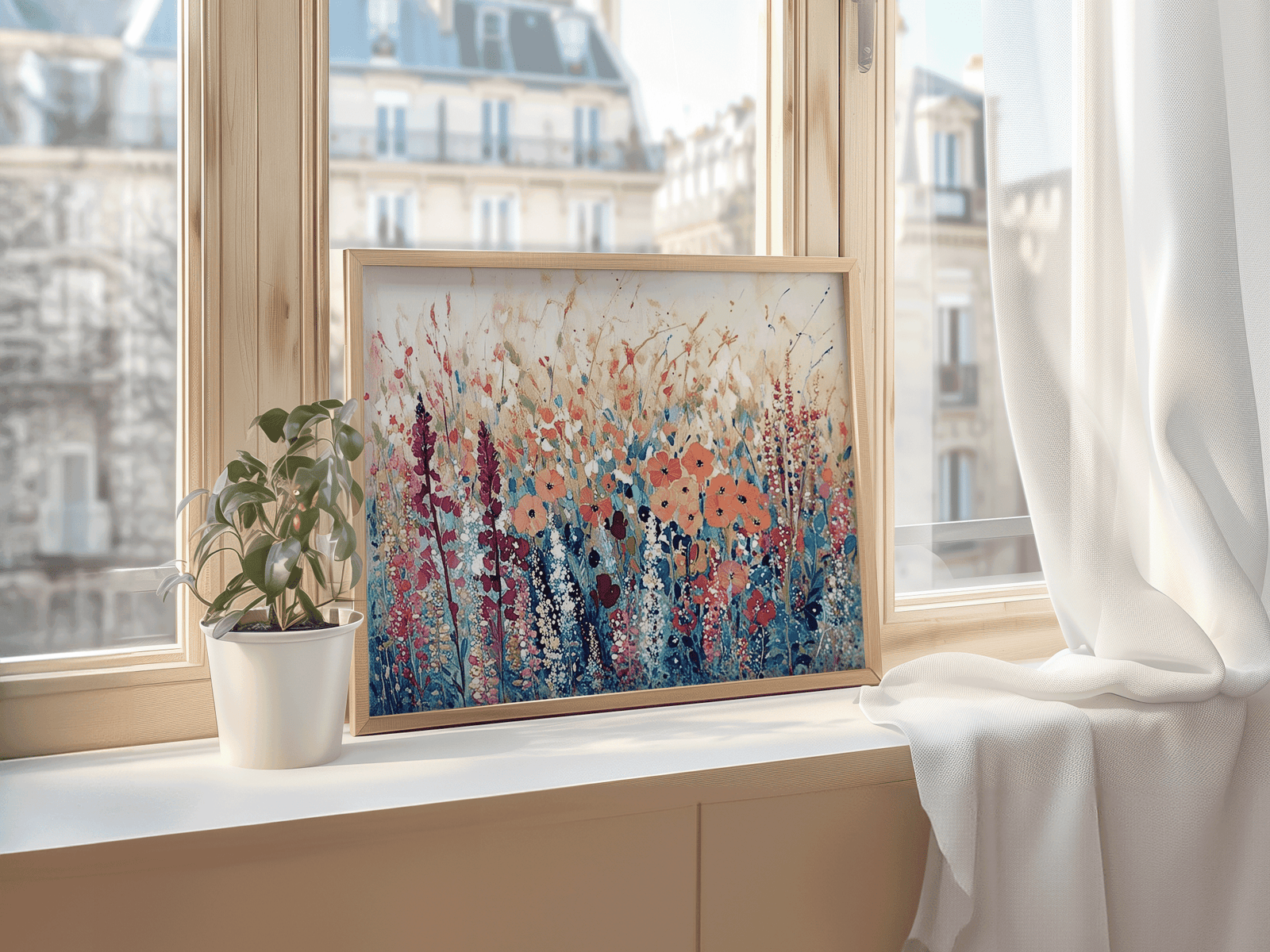 Colorful flower field landscape abstract wall art print with vibrant brushwork and airy composition. A light wood framed canvas print on a windowsill next to a large window.