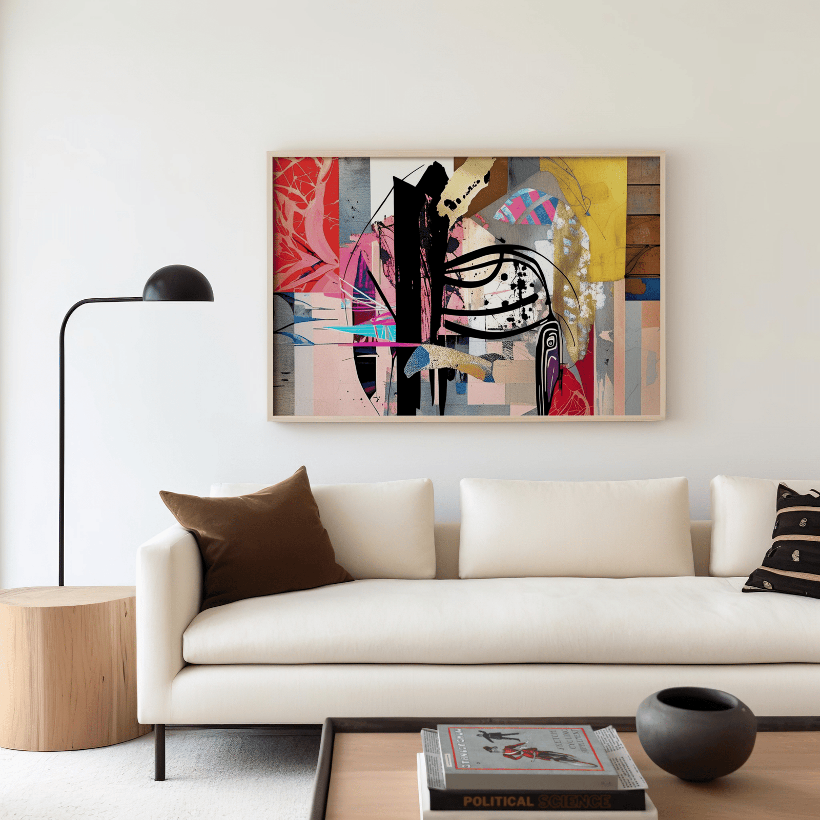 Framed contemporary abstract wall art color block print with warm and cool tones, and a mix of black, red, brown, yellow, blue, stripes and graffiti-style design. Artwork has a light wooden frame and is placed above a cream couch in a neutral living room.