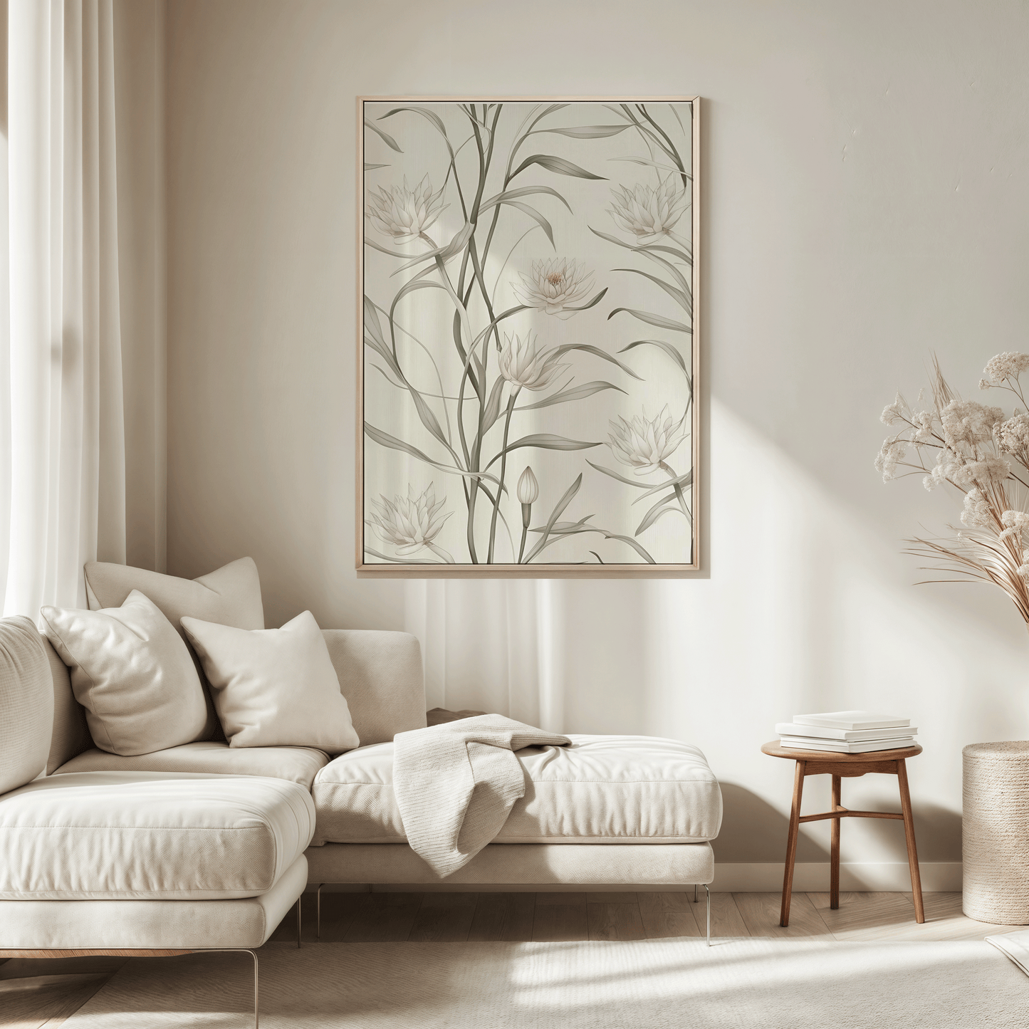 White framed botanical canvas wall art with sage green leaves and delicate white flowers above a beige sofa sectional in a neutral living room
