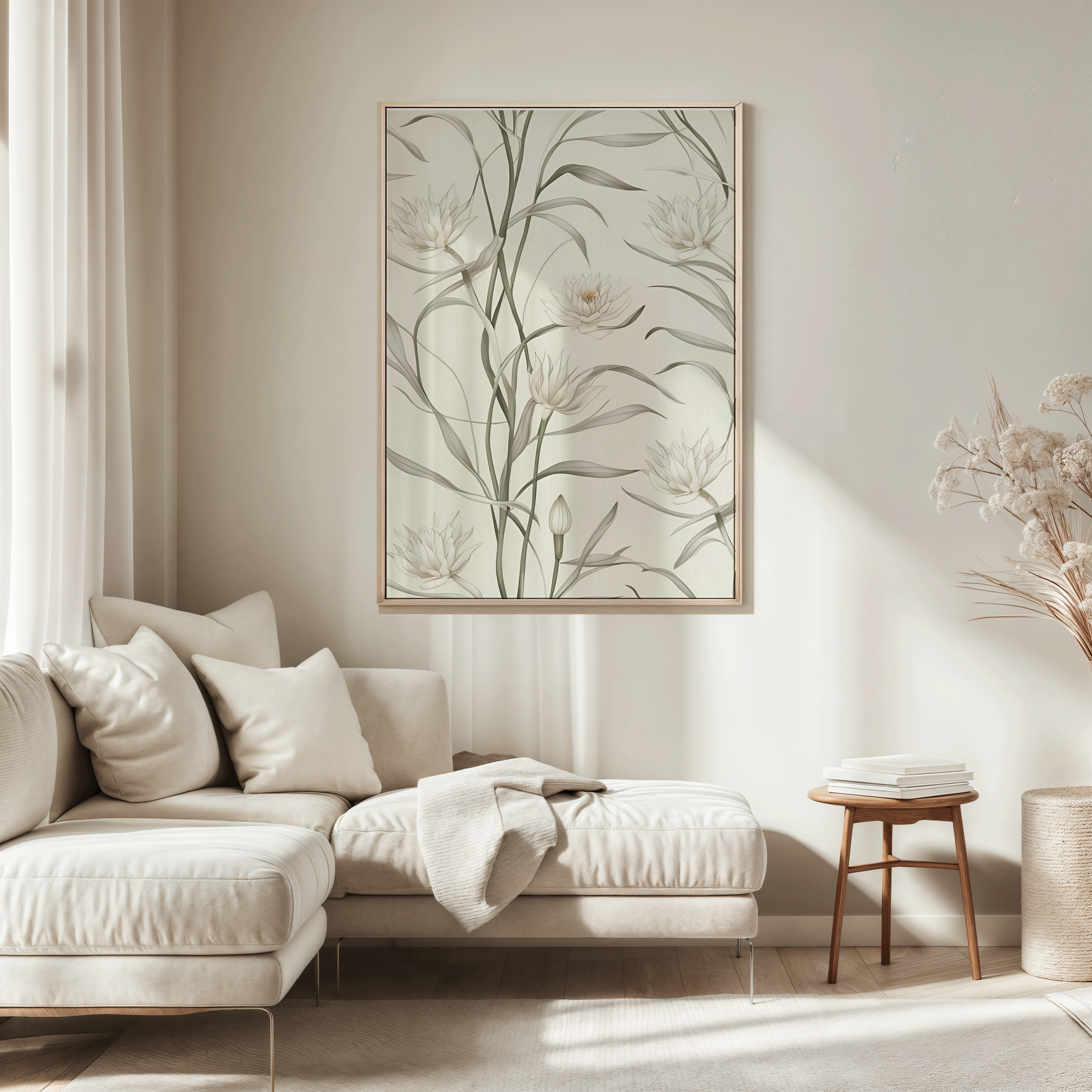 White framed botanical canvas wall art with sage green leaves and delicate white flowers above a beige sofa sectional in a neutral living room