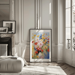 Framed colorful floral wall art with wildflowers displayed leaning against fireplace wall