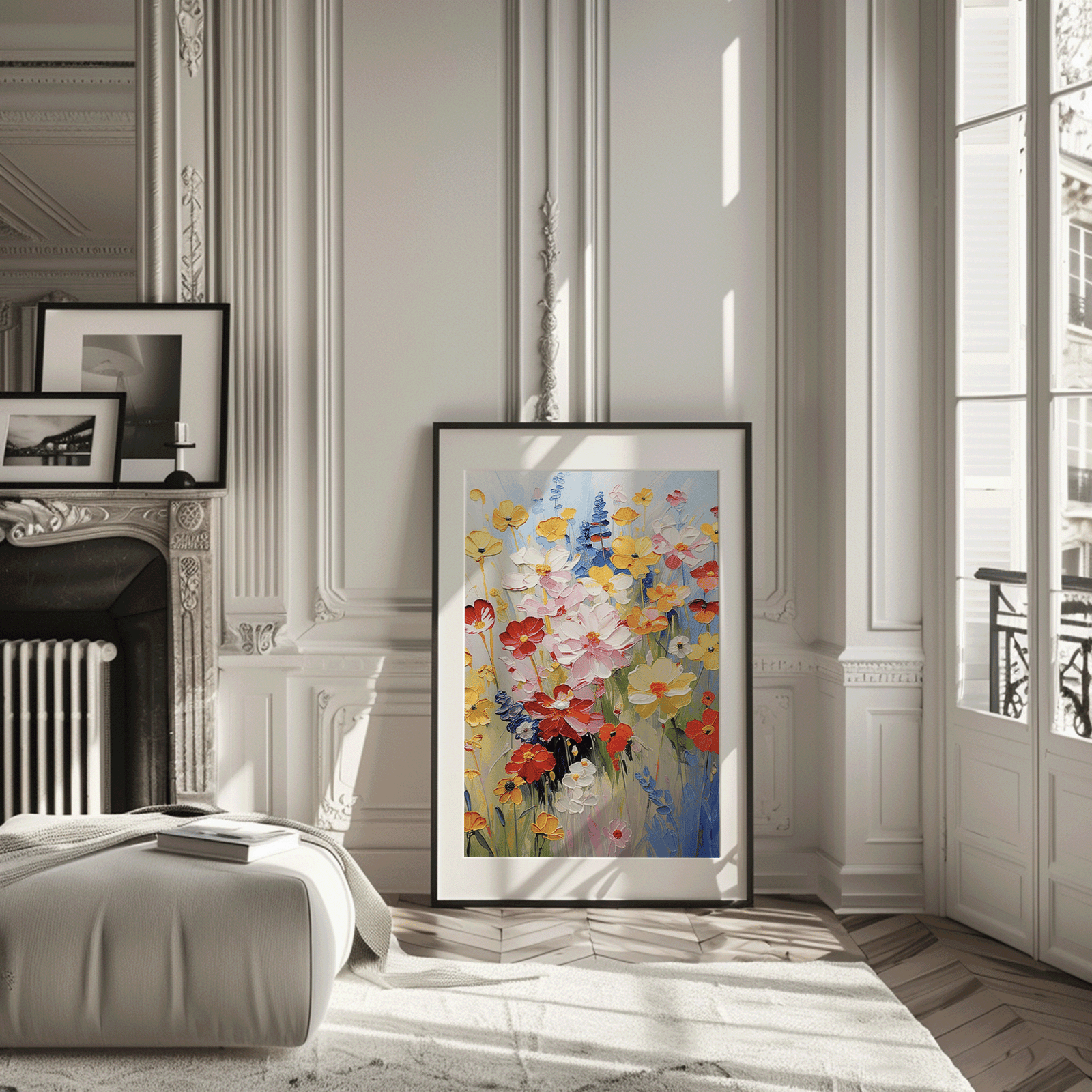 Framed colorful floral wall art with wildflowers displayed leaning against fireplace wall