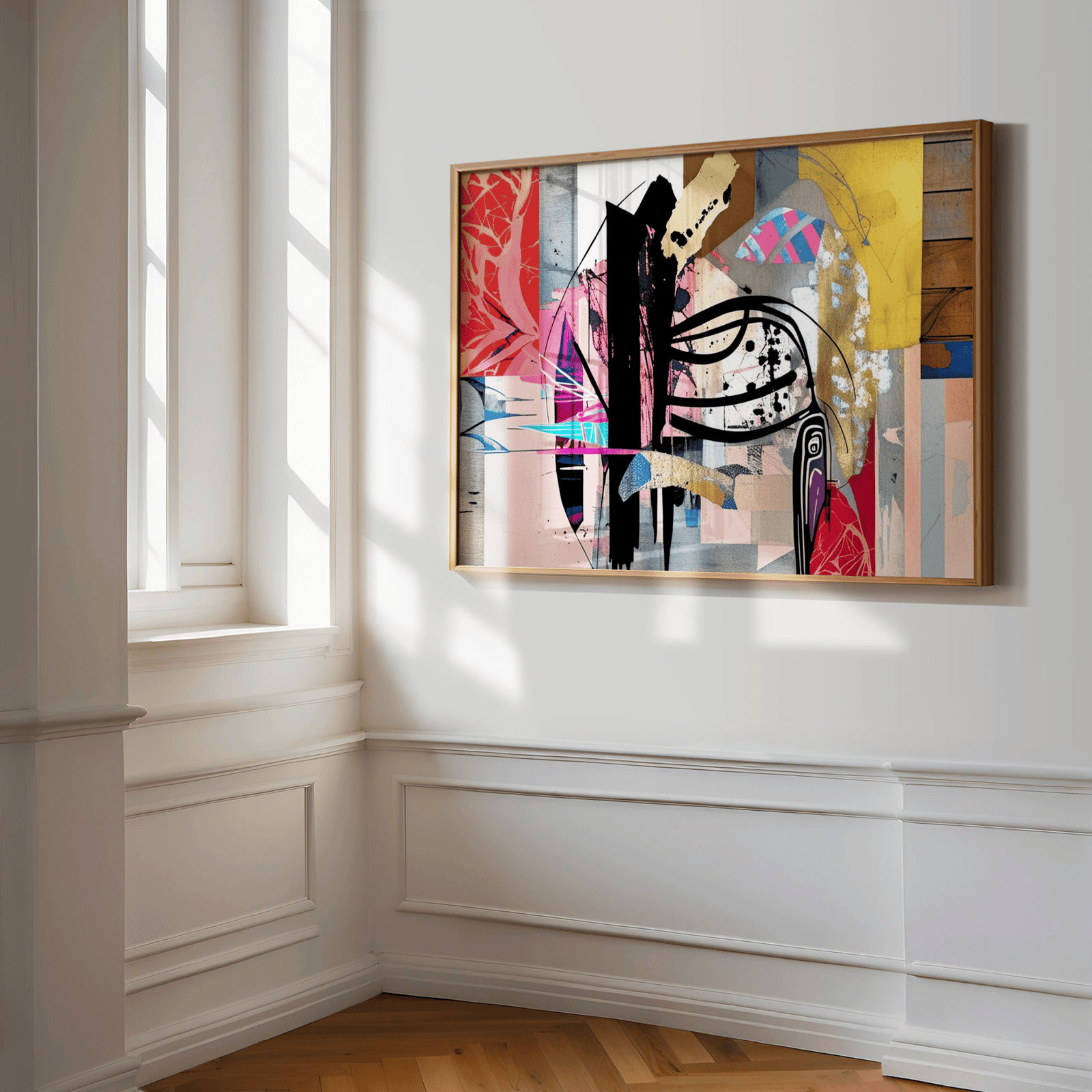 Geometric abstract wall art framed for modern hallway or entryway with faux-textured artistic pattern.