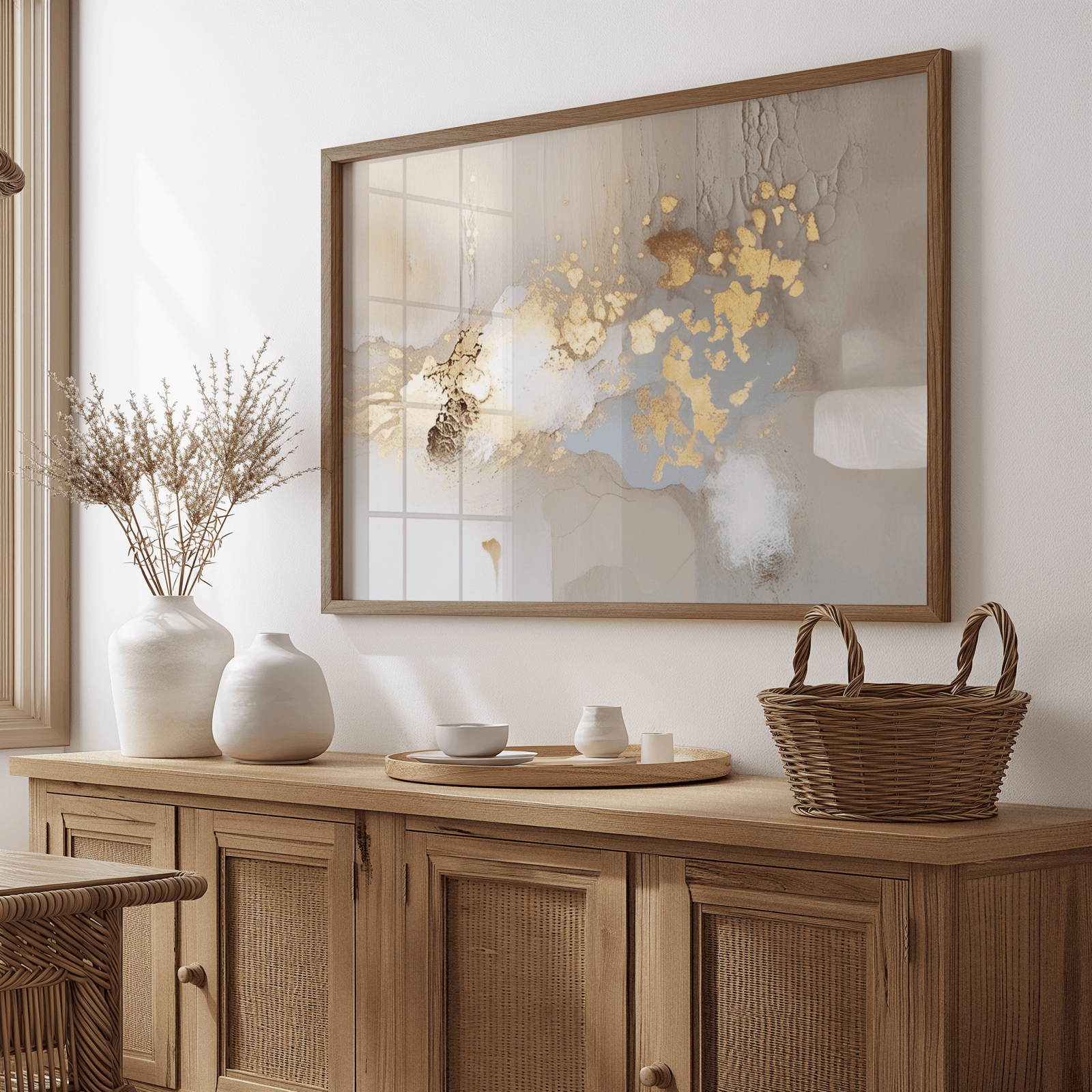 Dining room with a wooden sideboard, beige, taupe, white, cream and gold abstract framed artwork, and decorative items.