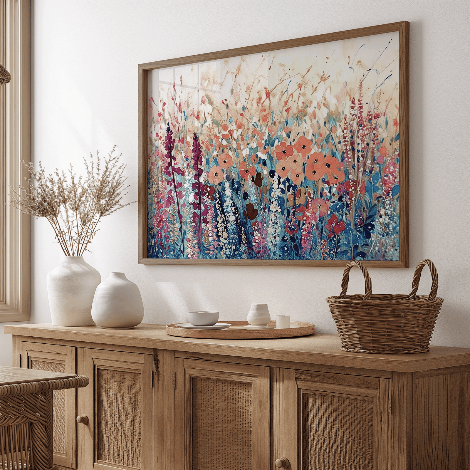 Framed impressionist floral wall art print with soft pastel flower details above a wooden sideboard in a dining room.
