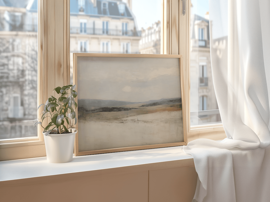 Framed Abstract Landscape Art Print in Neutral Beige and Blue Styled on Bright Window Ledge