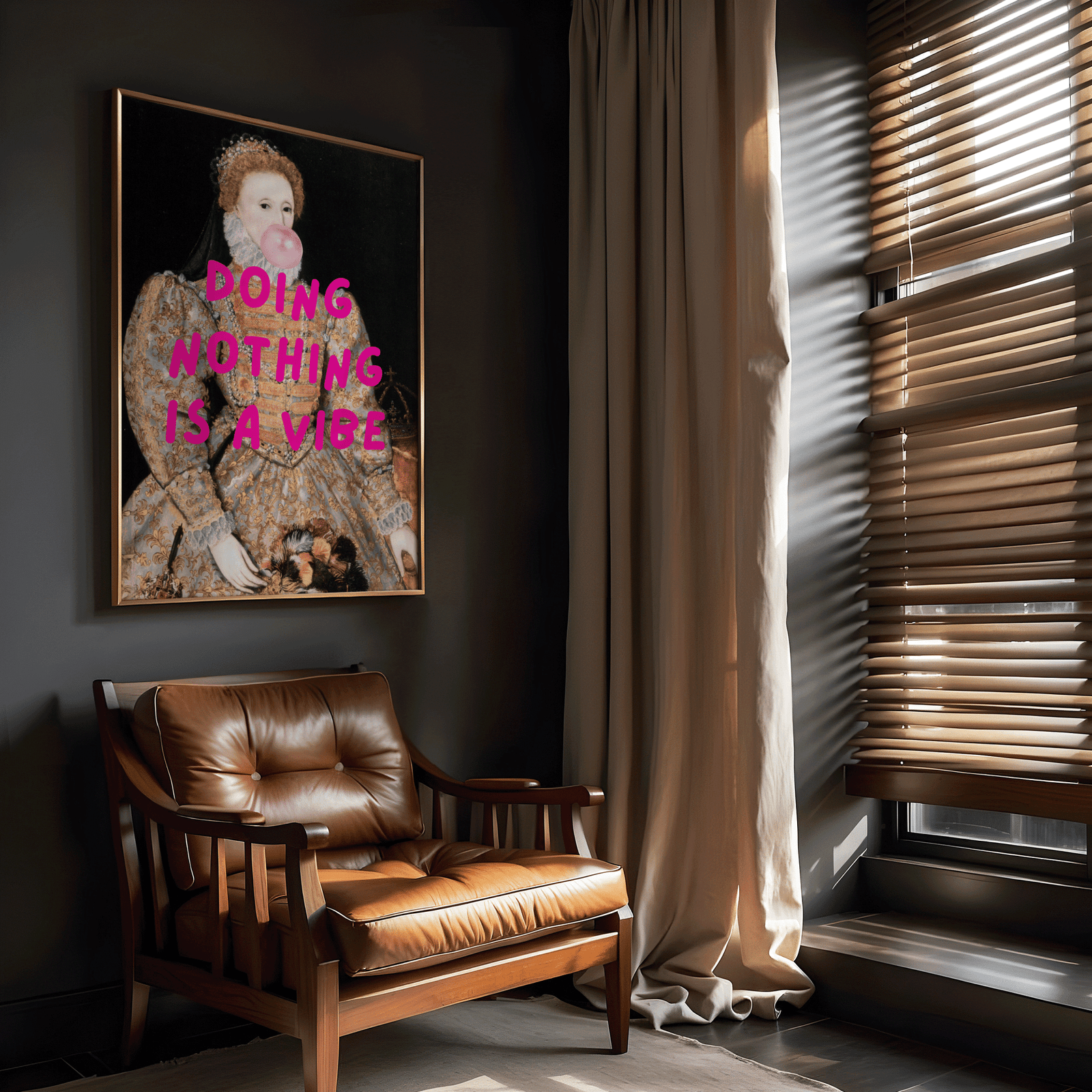 Quirky vintage framed wall art in a dark moody home office above leather chair with a victorian princess blowing bubble gym