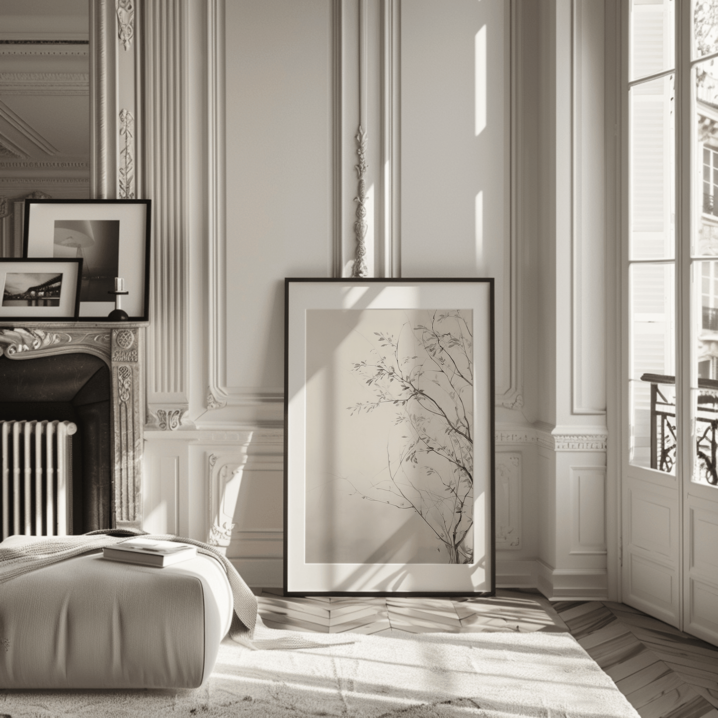 Large vintage botanical wall art print leaning on floor in living room in soft natural light