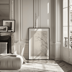 Large vintage botanical wall art print leaning on floor in living room in soft natural light