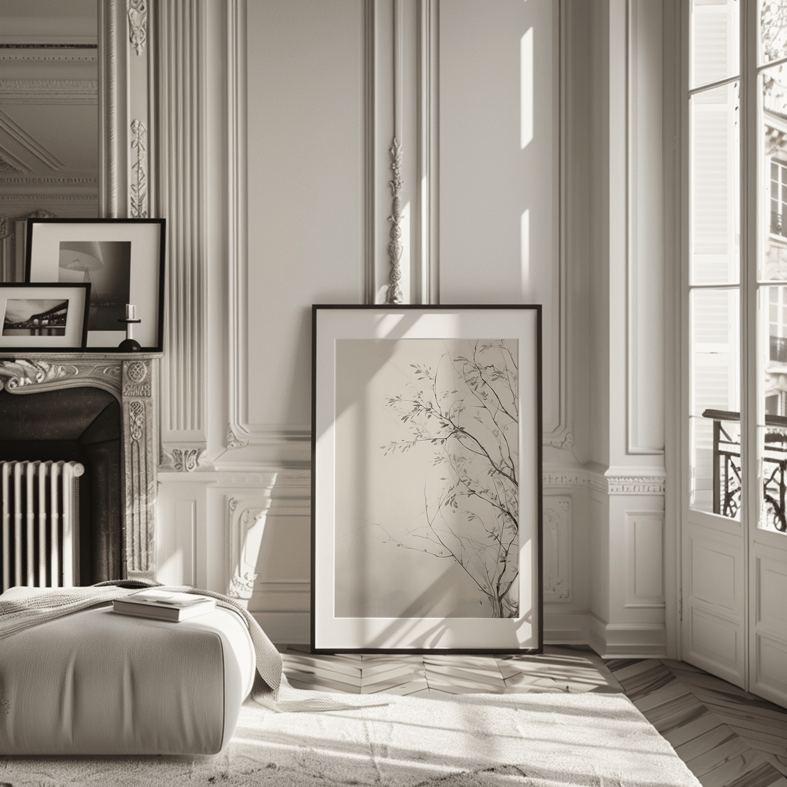 Large vintage botanical wall art print leaning on floor in living room in soft natural light