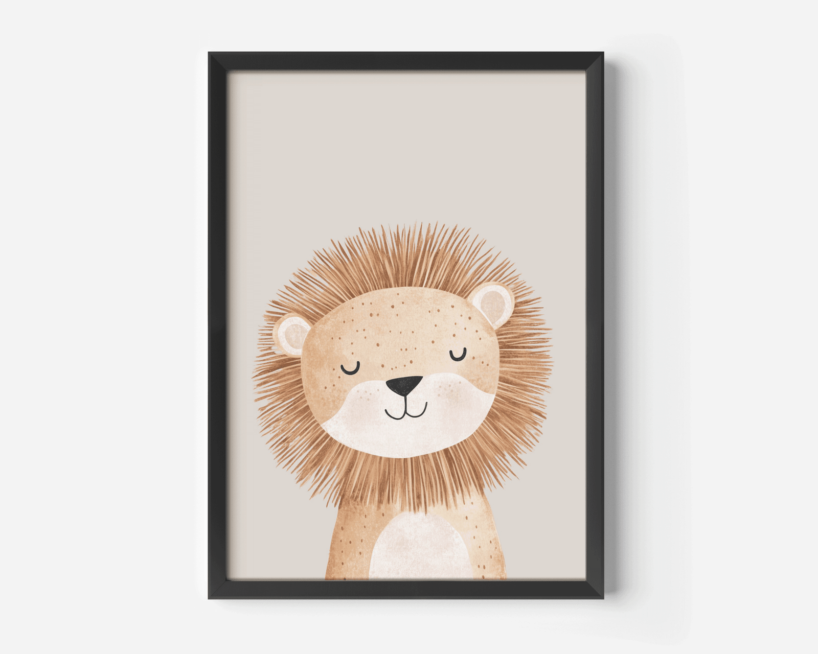 Framed lion nursery wall art print in black frame on clean neutral background
