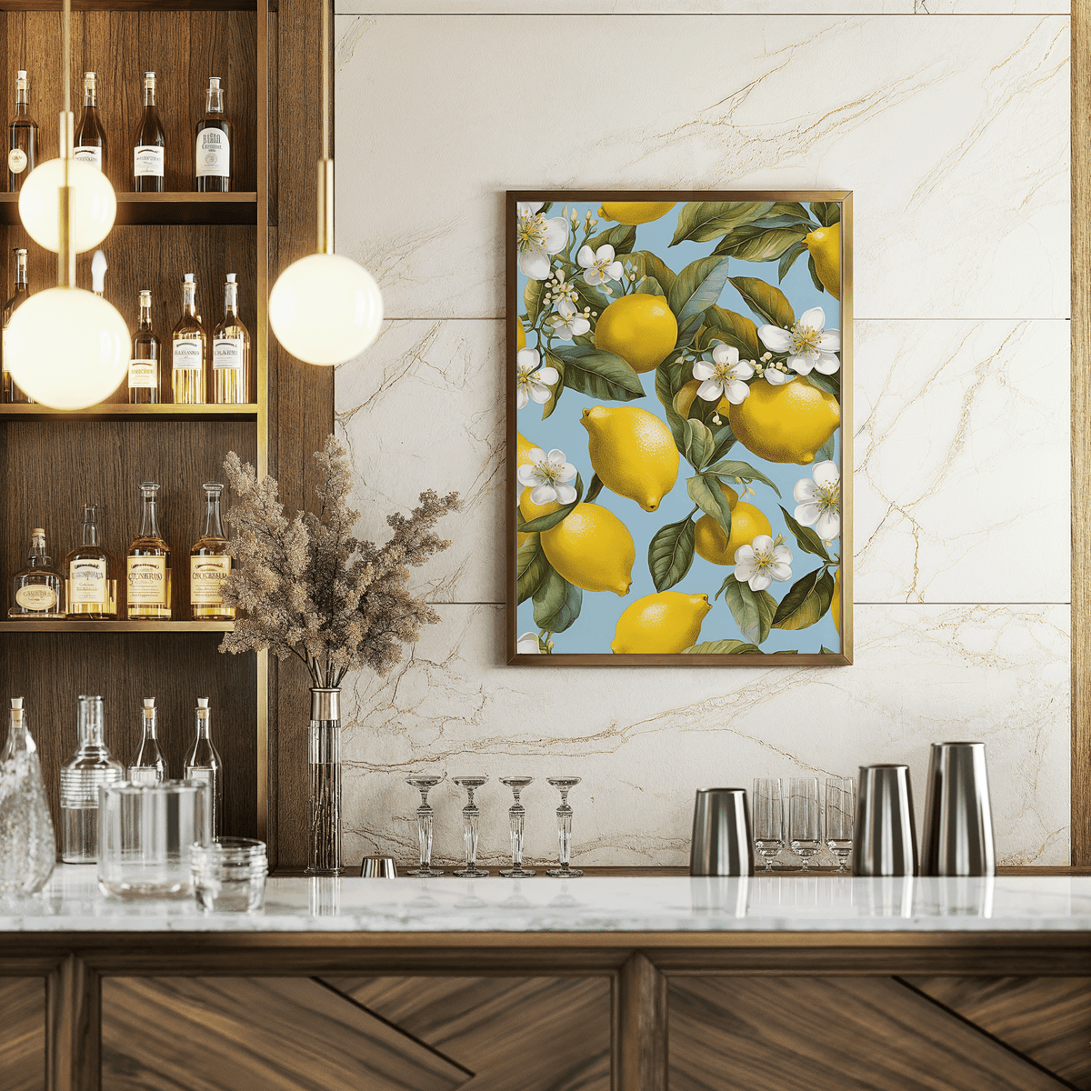 Mediterranean-style lemon wall art print with white flowers and a blue background  framed in a restaurant kitchen or dining room bar