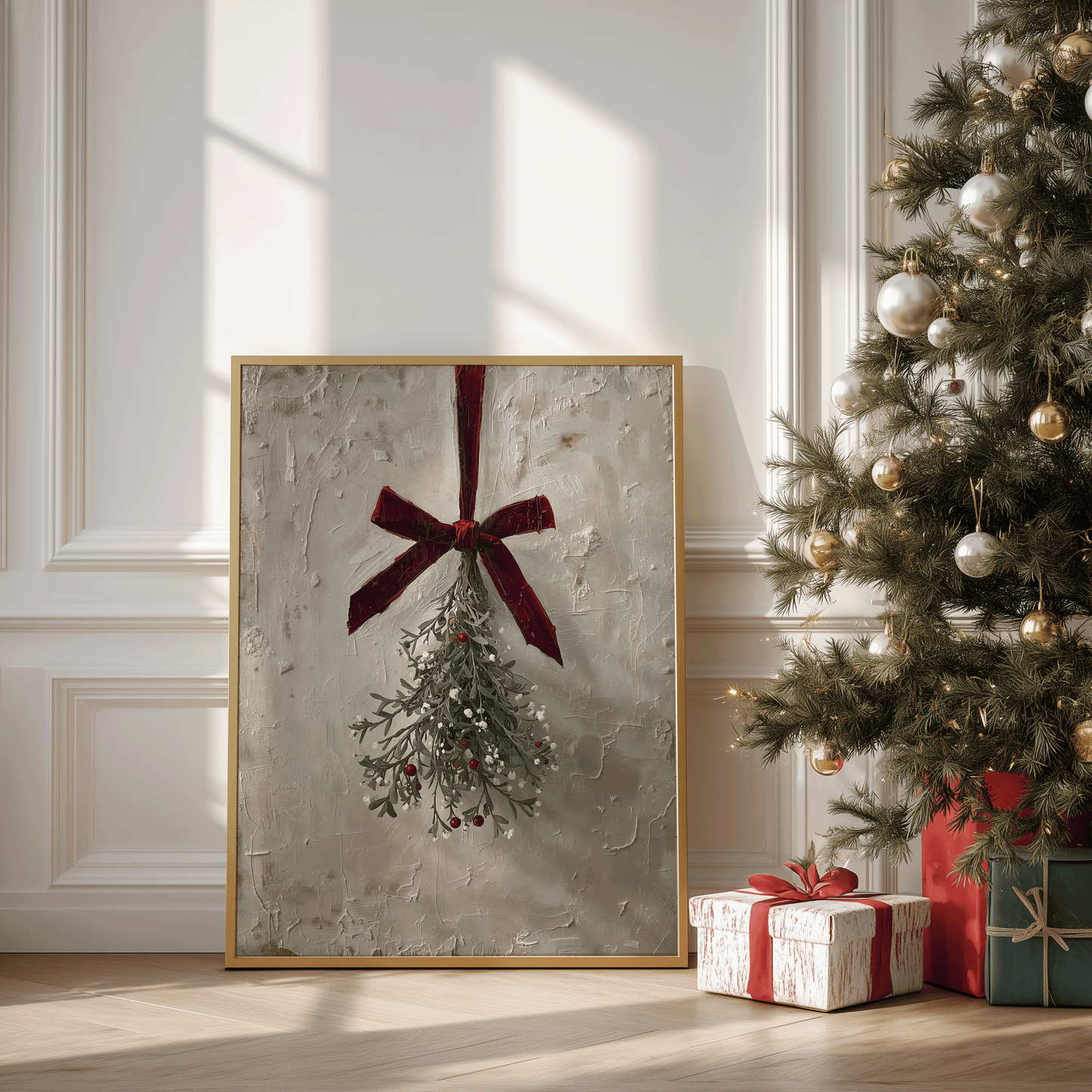 large framed mistletoe christmas wall art with velvet bow styled beside a decorated christmas tree, vintage rustic artwork perfect for living room, foyer, or dining room holiday home decor