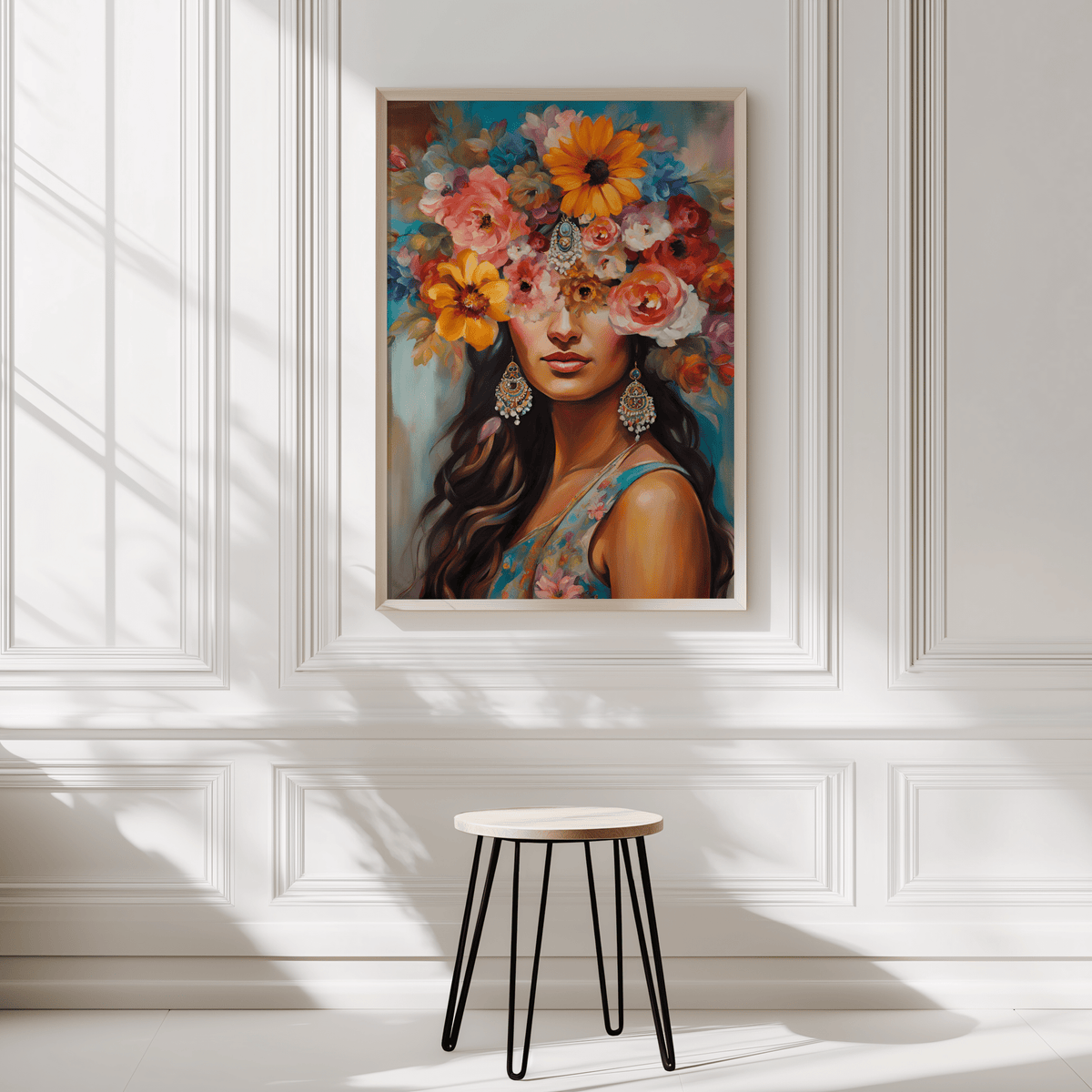 Modern floral portrait wall art print depicting a South Asian or Indian female with bold, colorful flower crown covering half her face. A mix of red, orange sunflowers, pink roses, blue flowers, and a pastel ombre background with a natural wooden frame on  white wall with panelling. Perfect for a neutral bedroom, living room or dining room that needs a pop of color or statement piece.