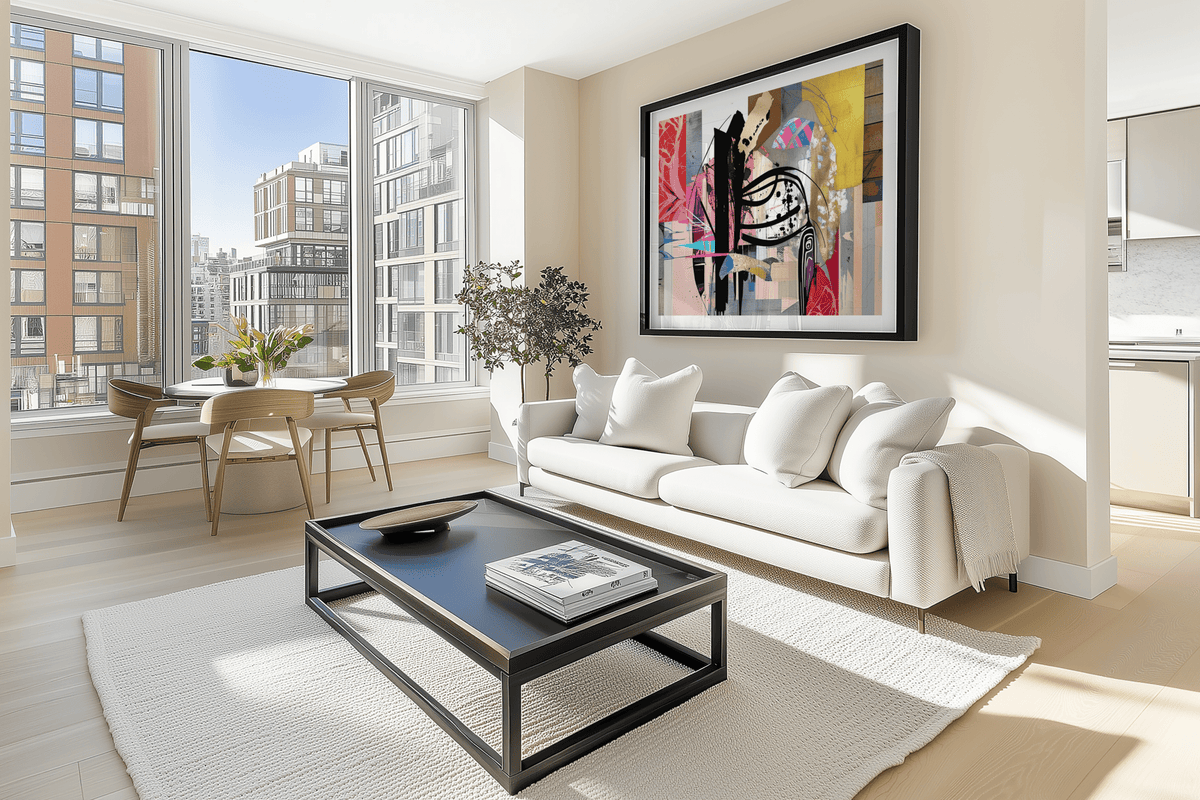 Modern geometric frame wall art with colorful abstract design in a  contemporary apartment living room above a white couch