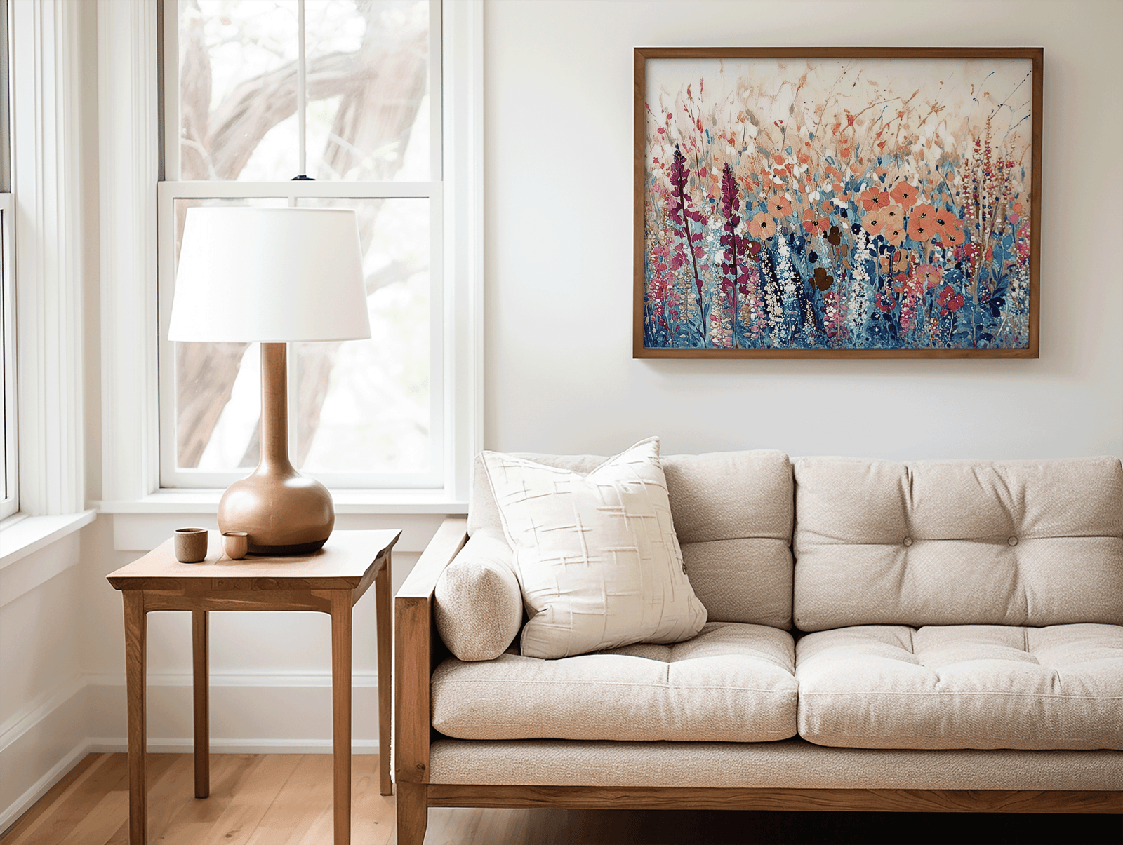 Living room with beige sofa, side table, and modern wildflower framed canvas art print on the wall above the couch. 